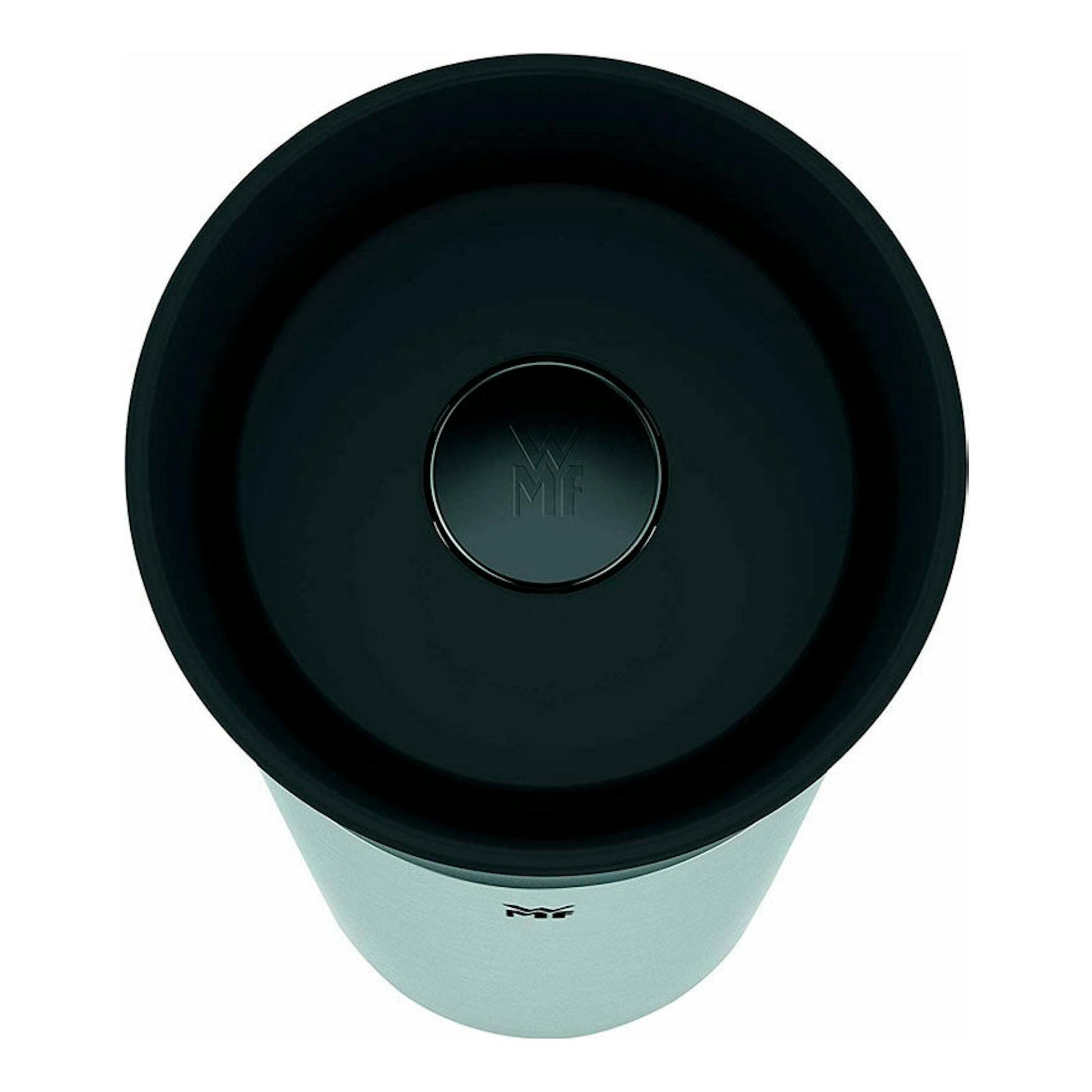 Cafetera de goteo WMF Aroma Termo KITCHENmini, vista cenital, tapa negra y cuerpo plateado.