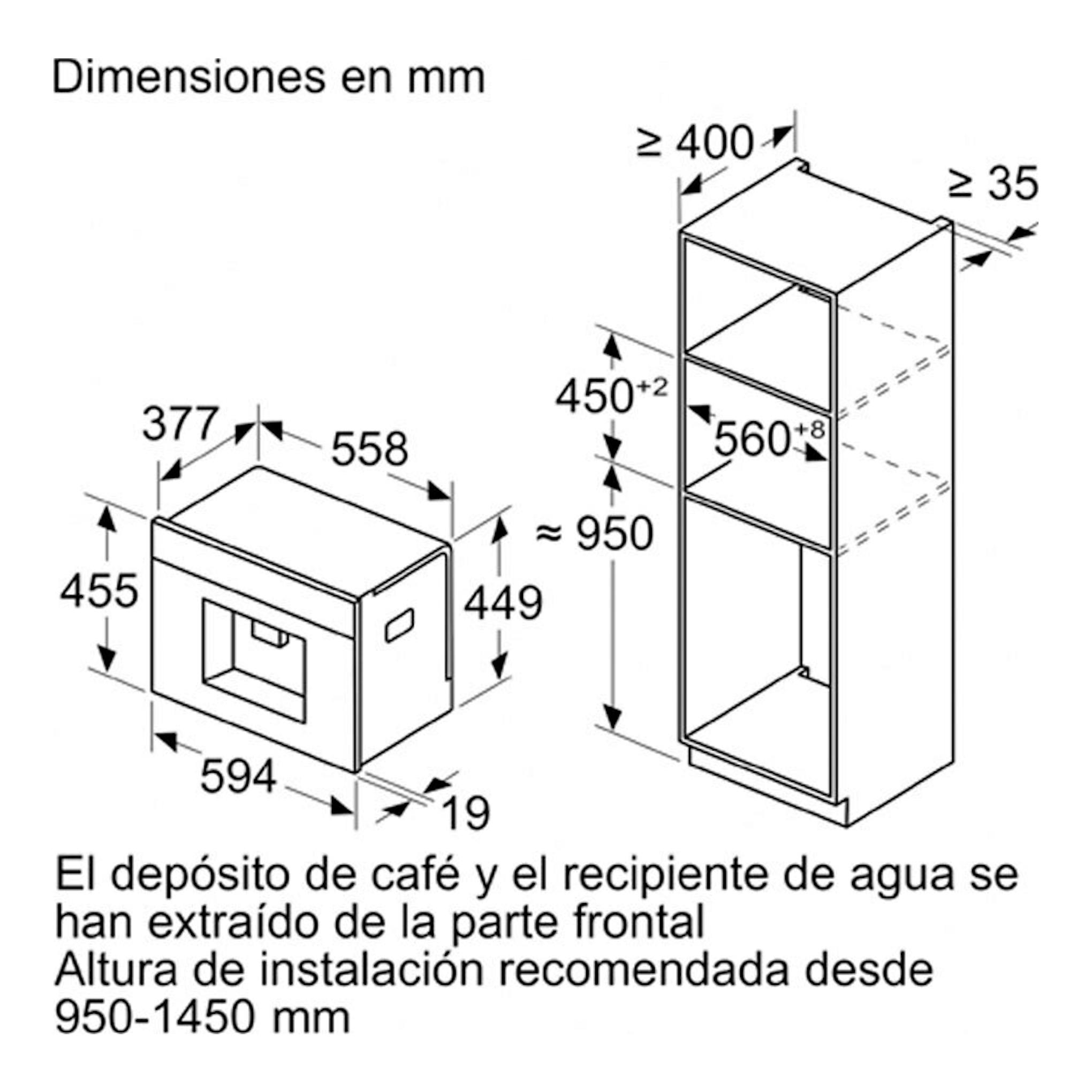 Diagrama de dimensiones de cafetera integrable Bosch CTL7181B0, vistas frontal y lateral, en mm.