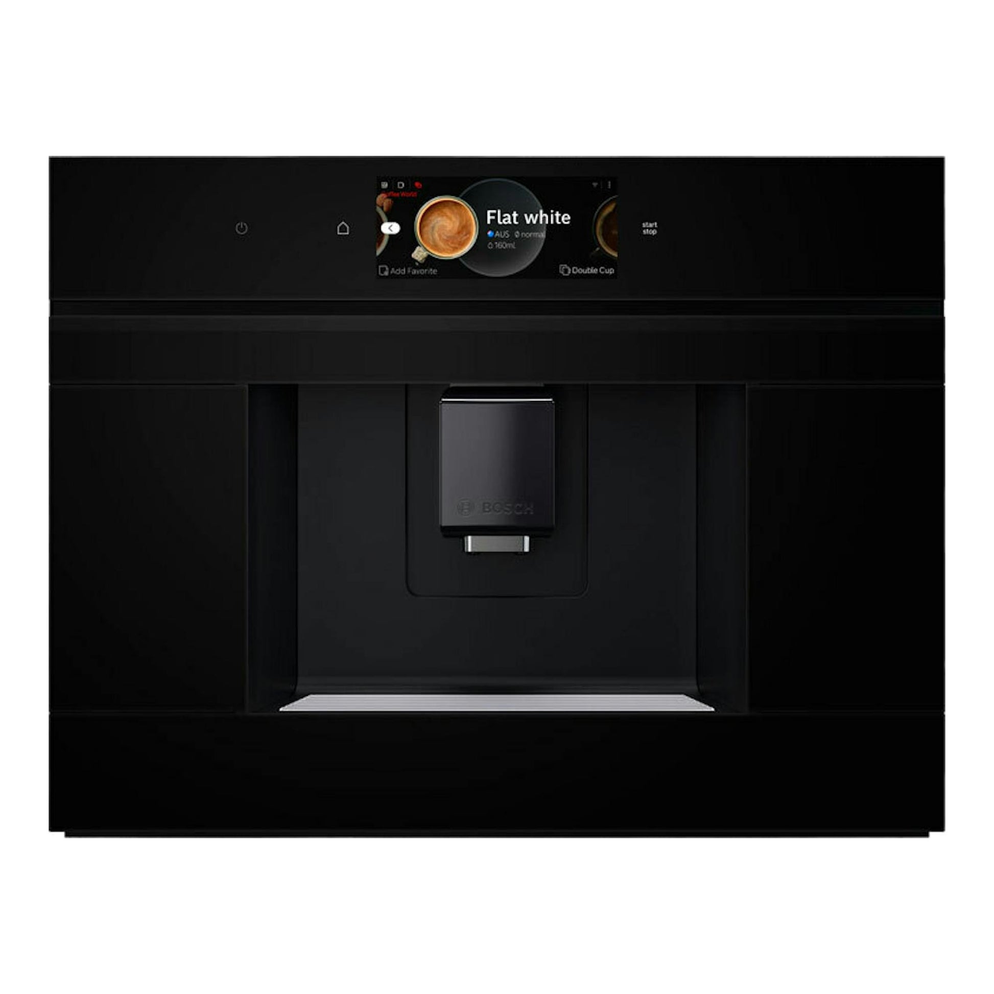 Cafetera integrable Bosch CTL7181B0 negra, vista frontal, con pantalla táctil y boquilla central.