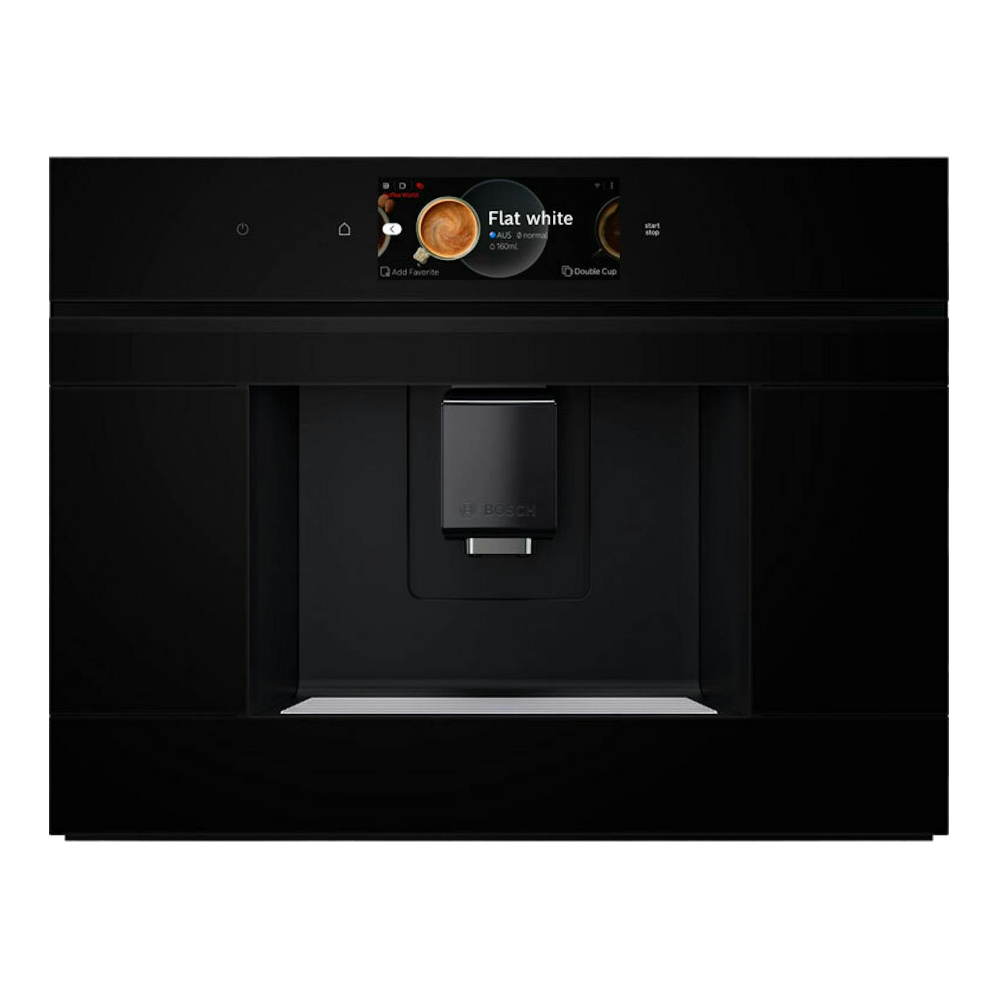 Cafetera integrable Bosch CTL7181B0 negra, vista frontal, con pantalla táctil y boquilla central.