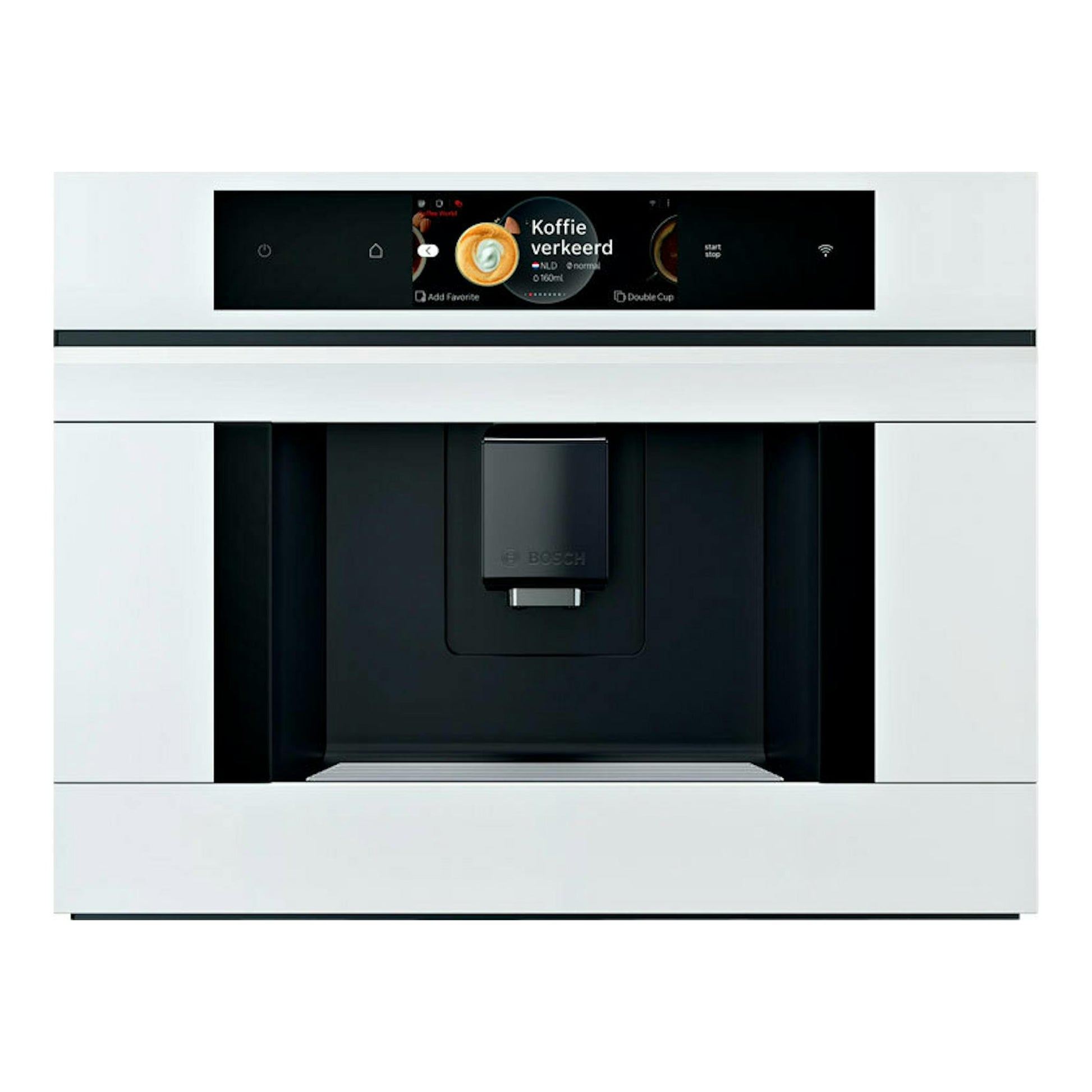 Cafetera integrable Bosch CTL7181W0 blanca, vista frontal, con panel negro y pantalla táctil.