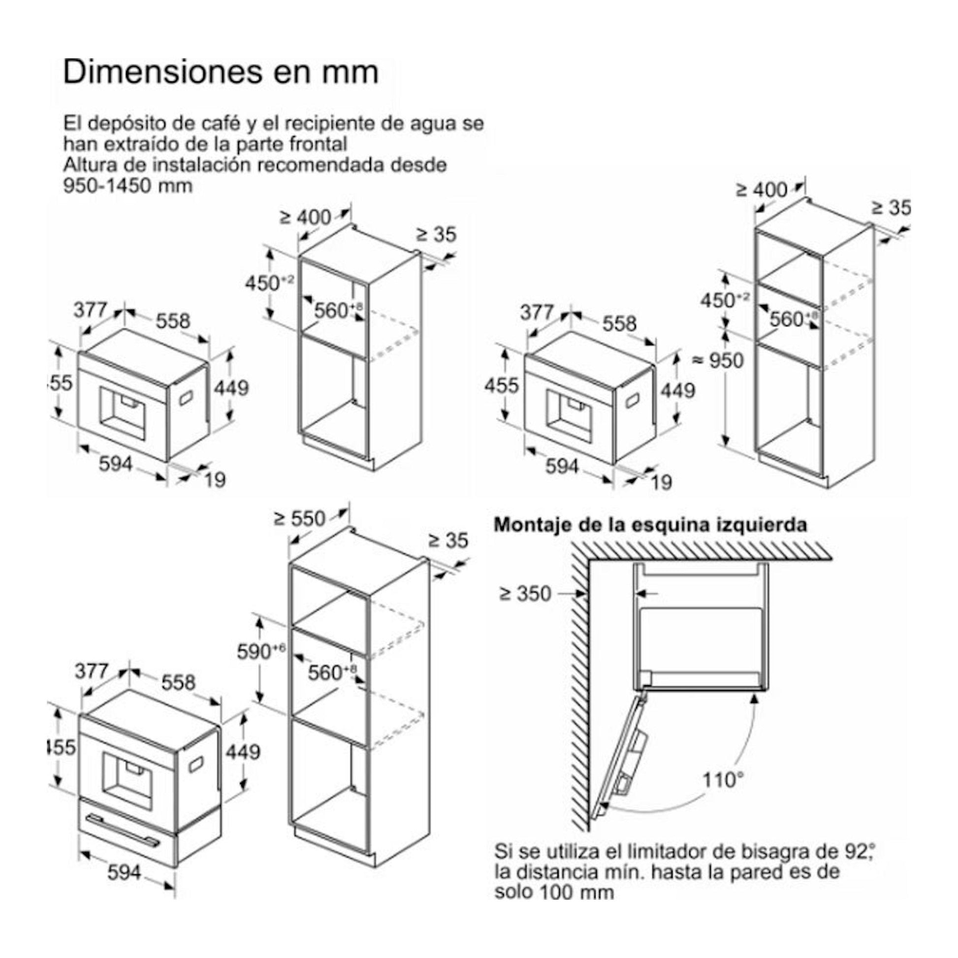 Bosch CTL7181W0 blanca: esquema de dimensiones de cafetera integrable en vista frontal y lateral, en mm.