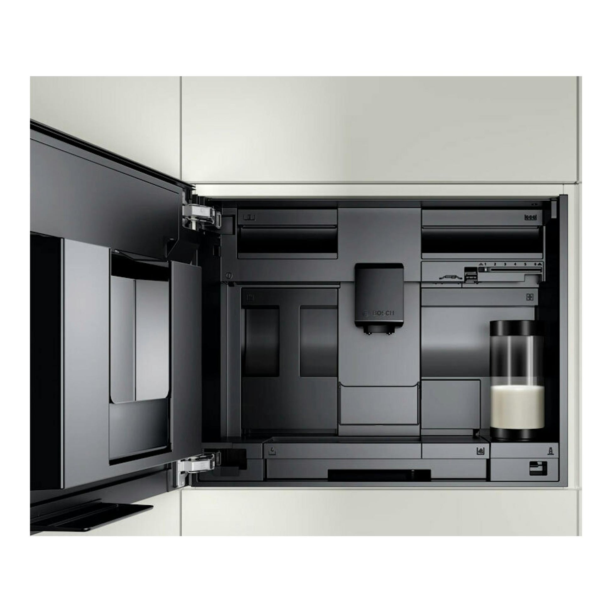 Bosch CTL7181W0, cafetera integrable vista frontal en armario abierto, acabado negro/gris.