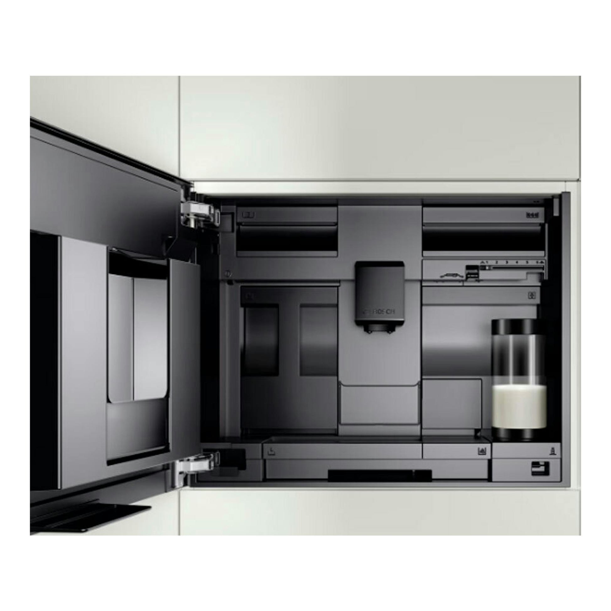 Cafetera integrable Bosch CTL7181W0 blanca, vista frontal con puerta abierta en mueble de cocina.