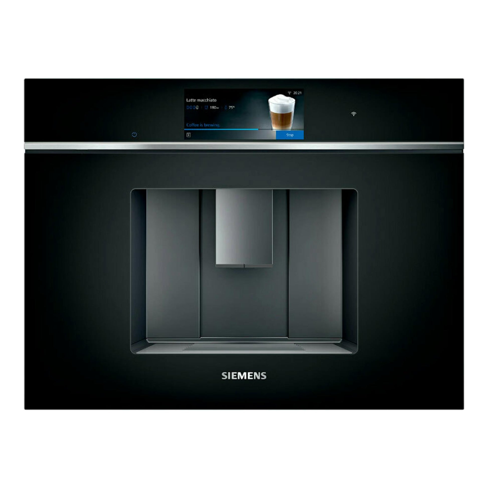 Siemens CT718L1B0, cafetera integrable frontal en cristal negro con pantalla y surtidor central.