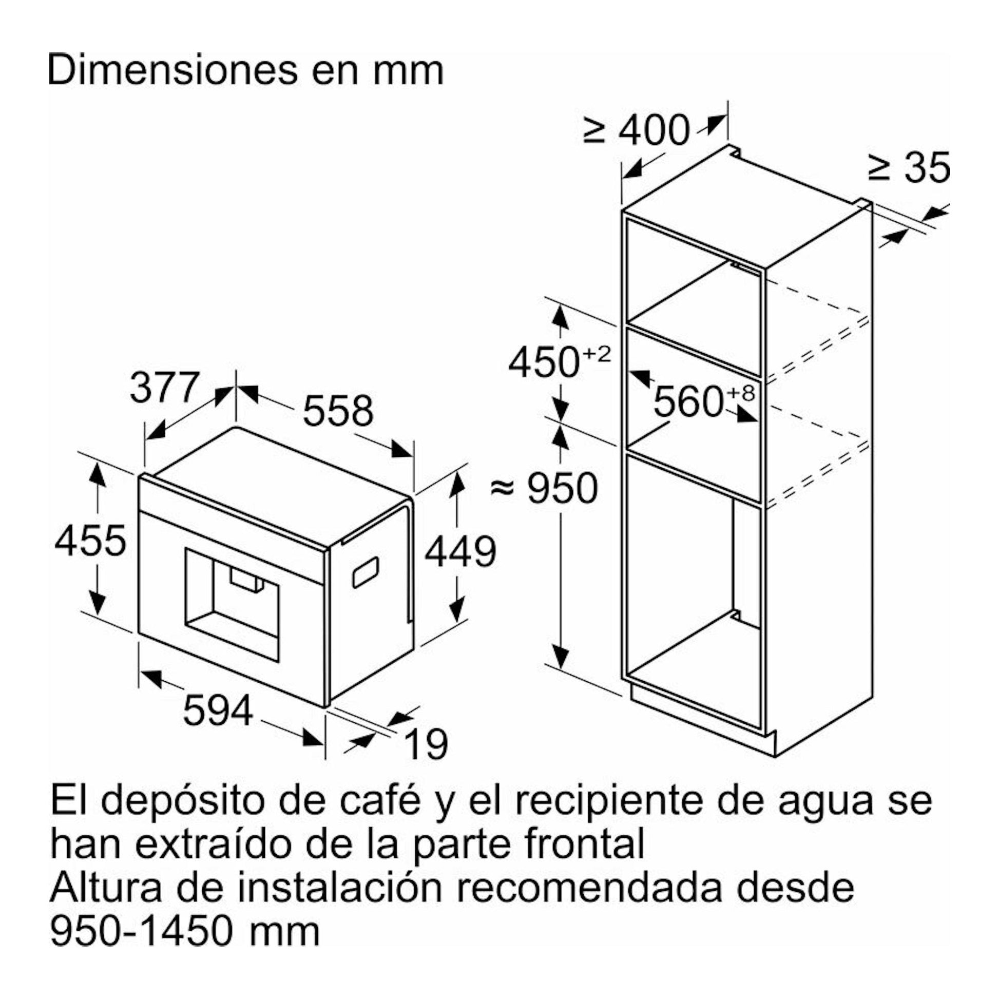Diagrama de dimensiones de cafetera integrable Siemens CT718L1B0 en cristal negro, vista frontal y de instalación.