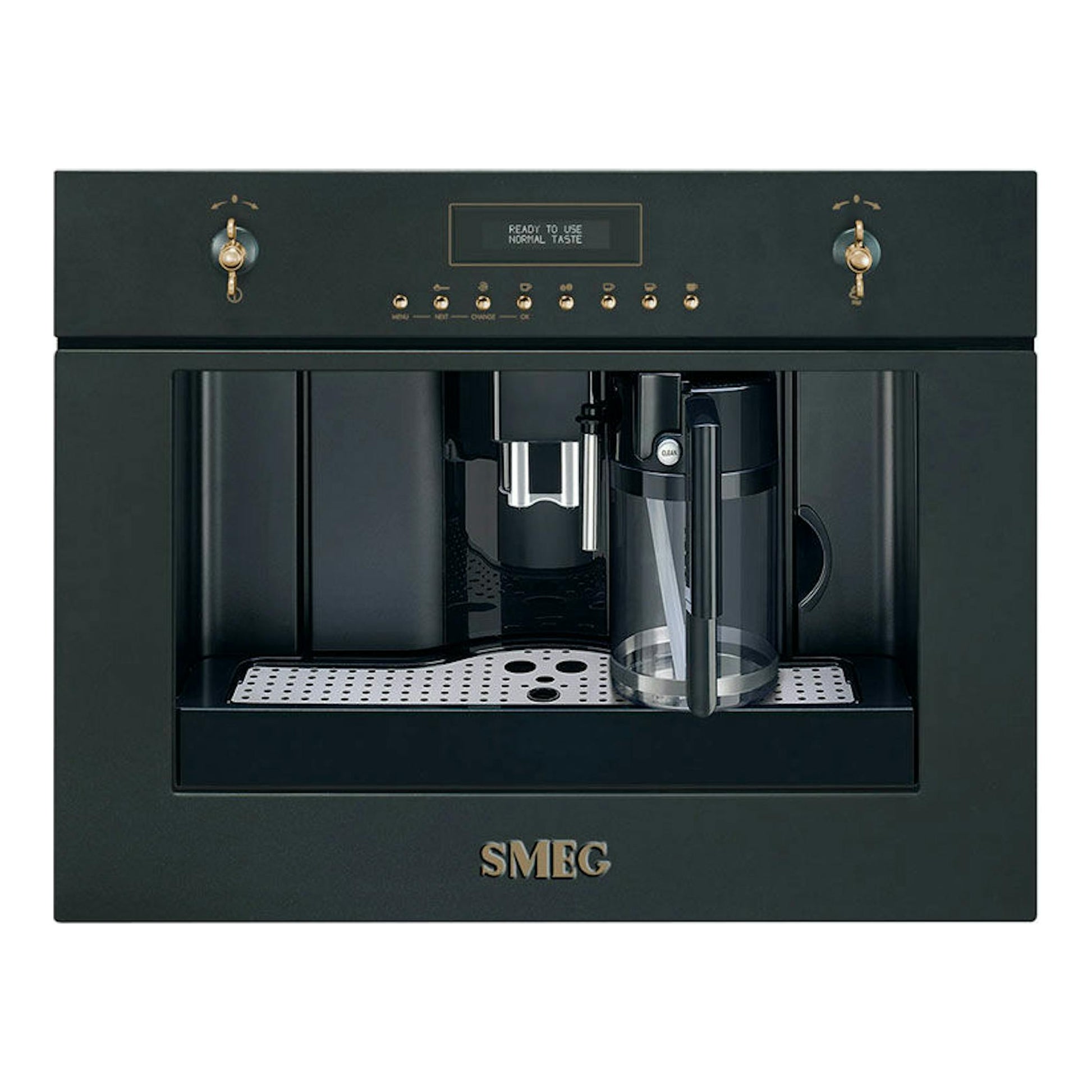 Cafetera integrable Smeg CMS8451A negra, vista frontal, con pantalla y jarra de vidrio.
