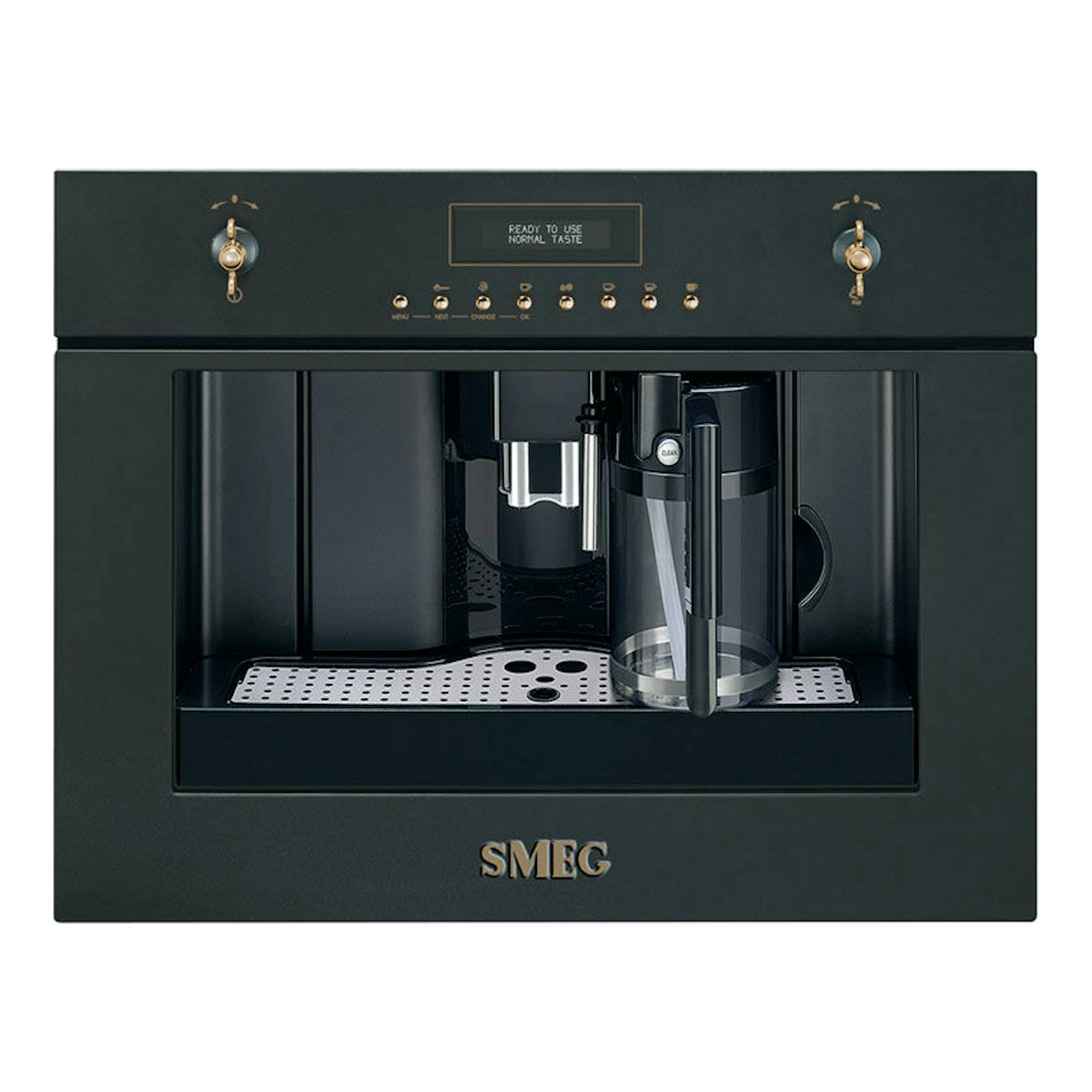 Cafetera integrable Smeg CMS8451A negra, vista frontal, con pantalla y jarra de vidrio.