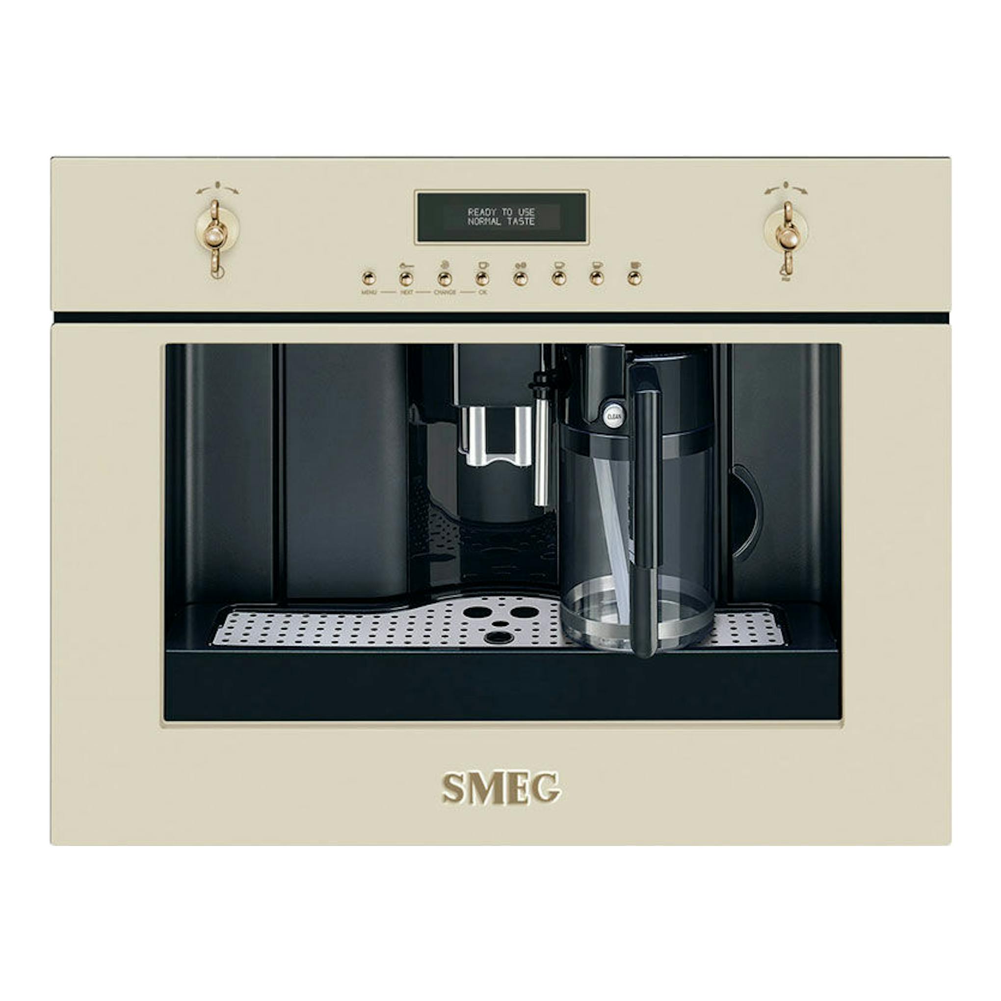 Cafetera integrable Smeg CMS8451P crema, vista frontal, con pantalla y depósito de leche.