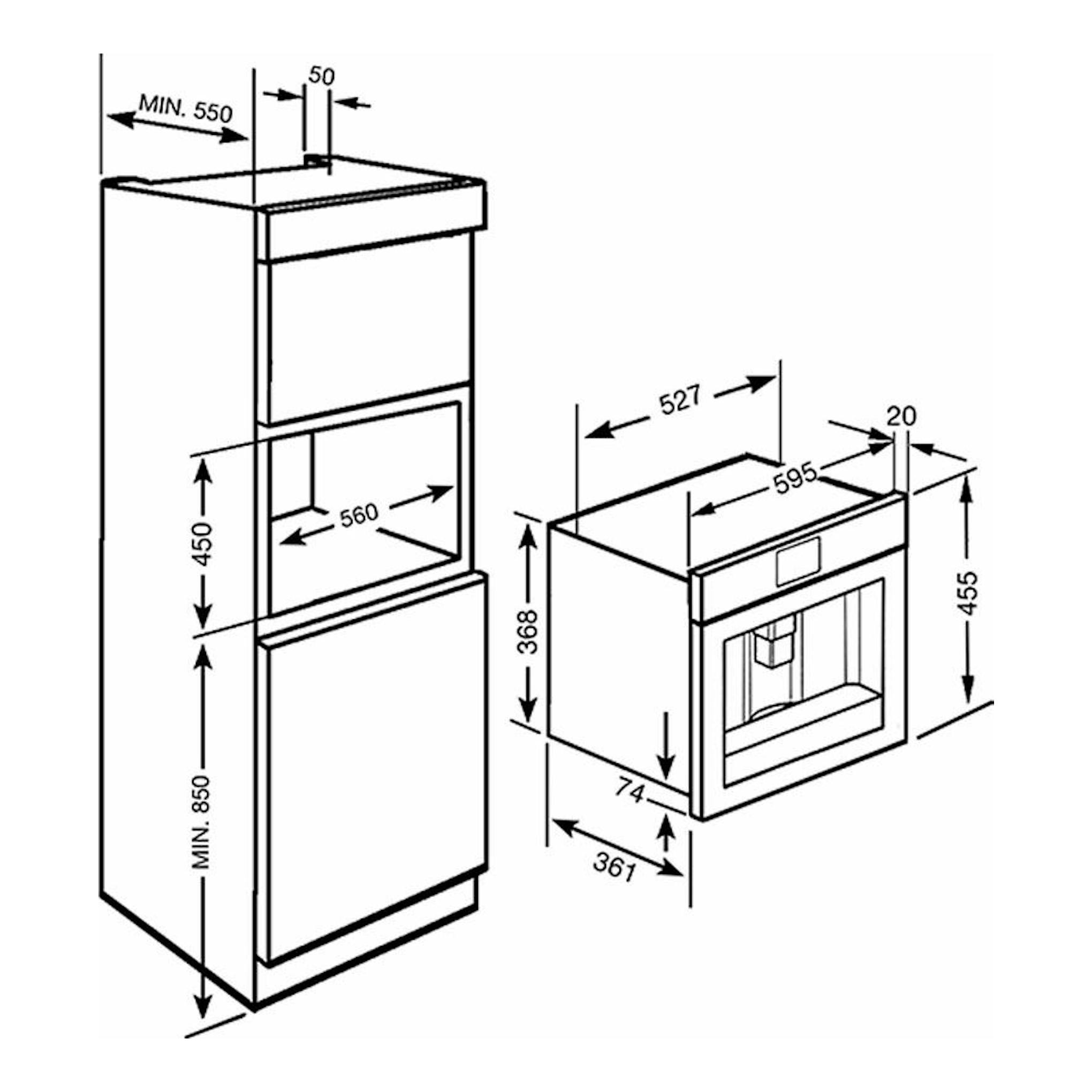 Esquema técnico de cafetera integrable Smeg CMS8451P crema, vista frontal y lateral con medidas.