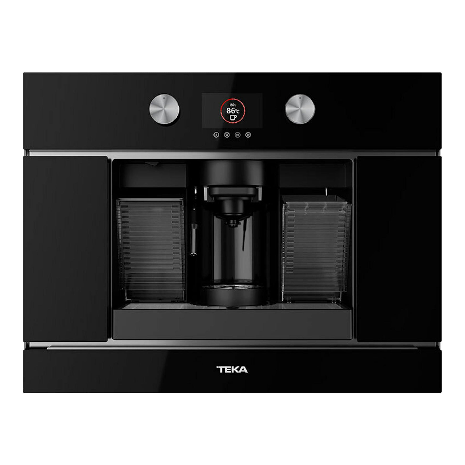 Cafetera integrable Teka CLC8350MC en cristal negro, vista frontal, con pantalla central y mandos plateados.