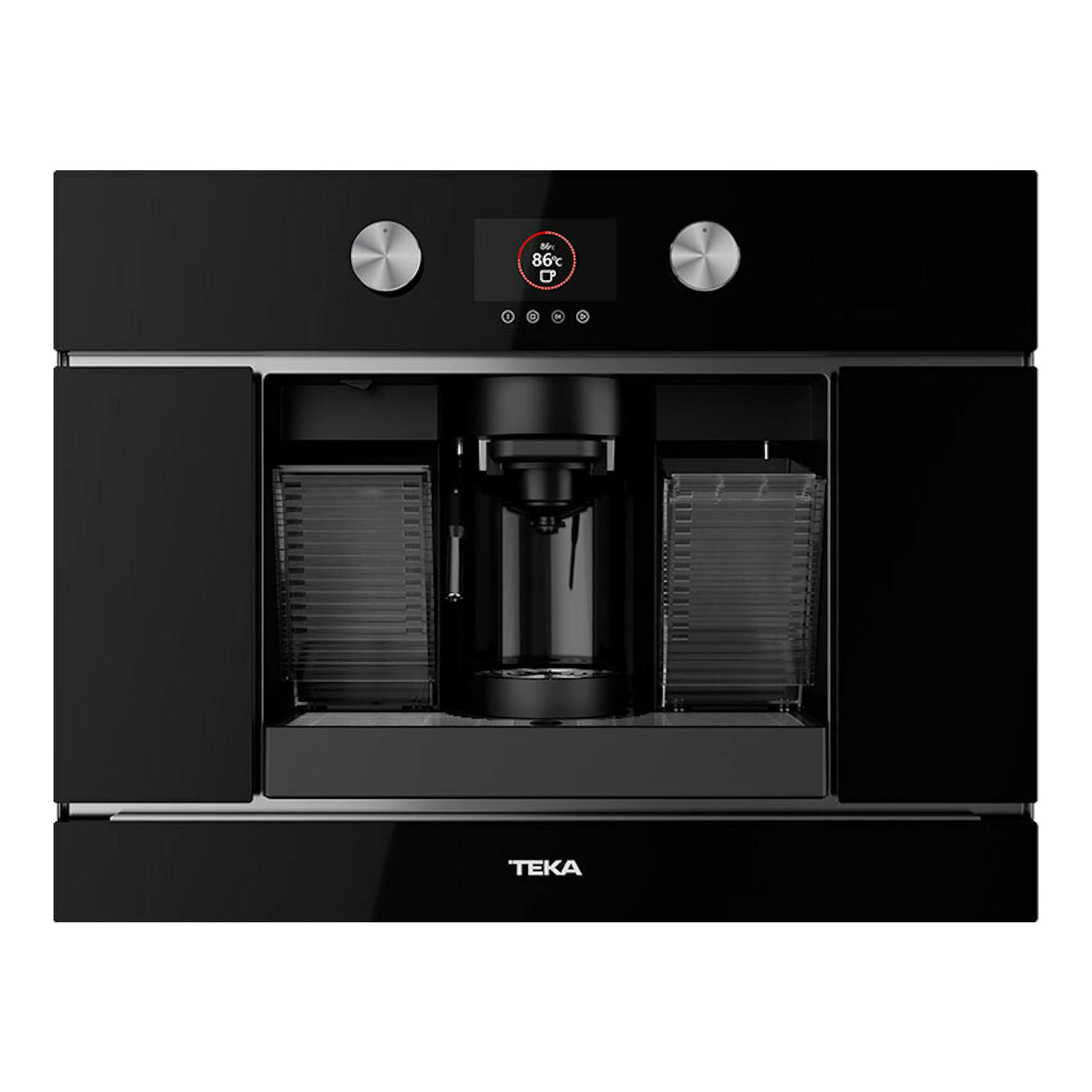 Cafetera integrable Teka CLC8350MC en cristal negro, vista frontal, con pantalla central y mandos plateados.