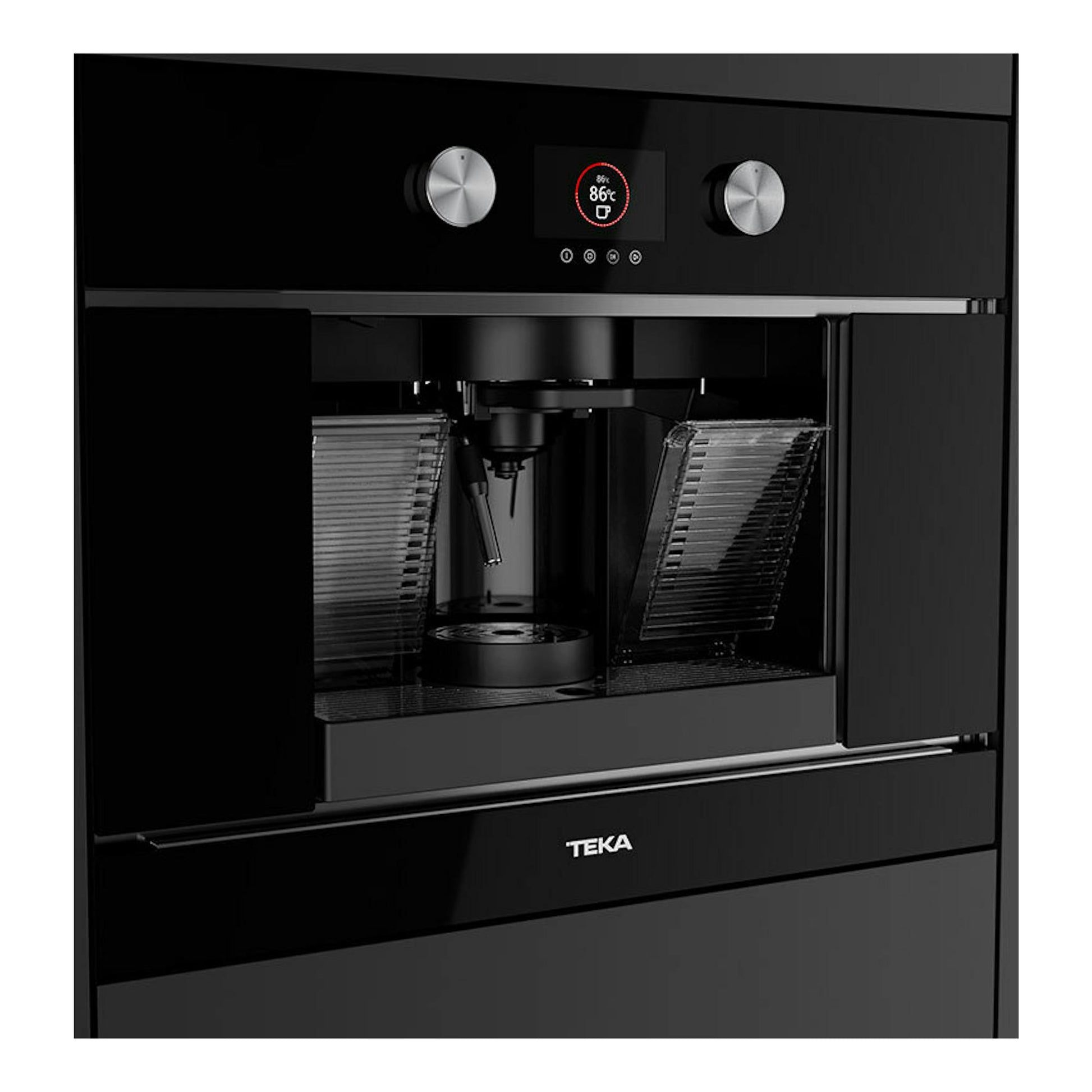 Cafetera integrable Teka CLC8350MC en cristal negro, vista frontal con dos mandos y pantalla central.