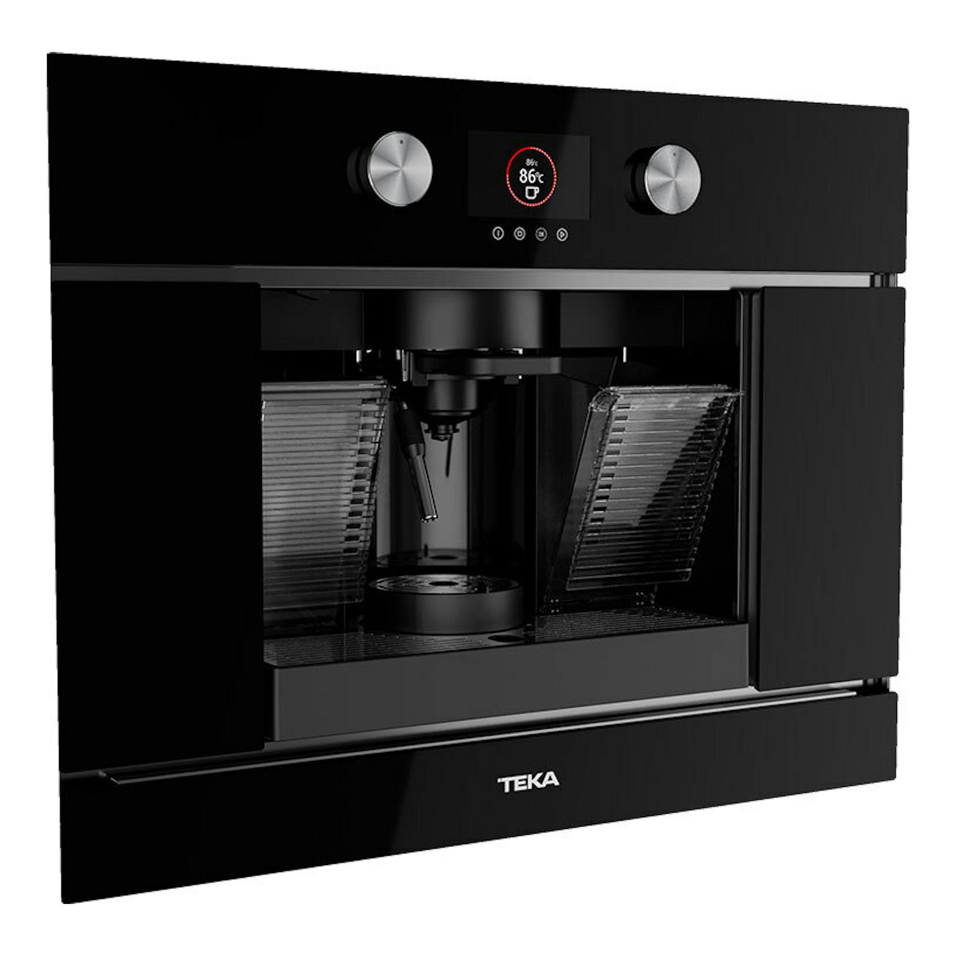 Cafetera integrable Teka CLC8350MC en cristal negro, vista frontal con pantalla y panel abierto.