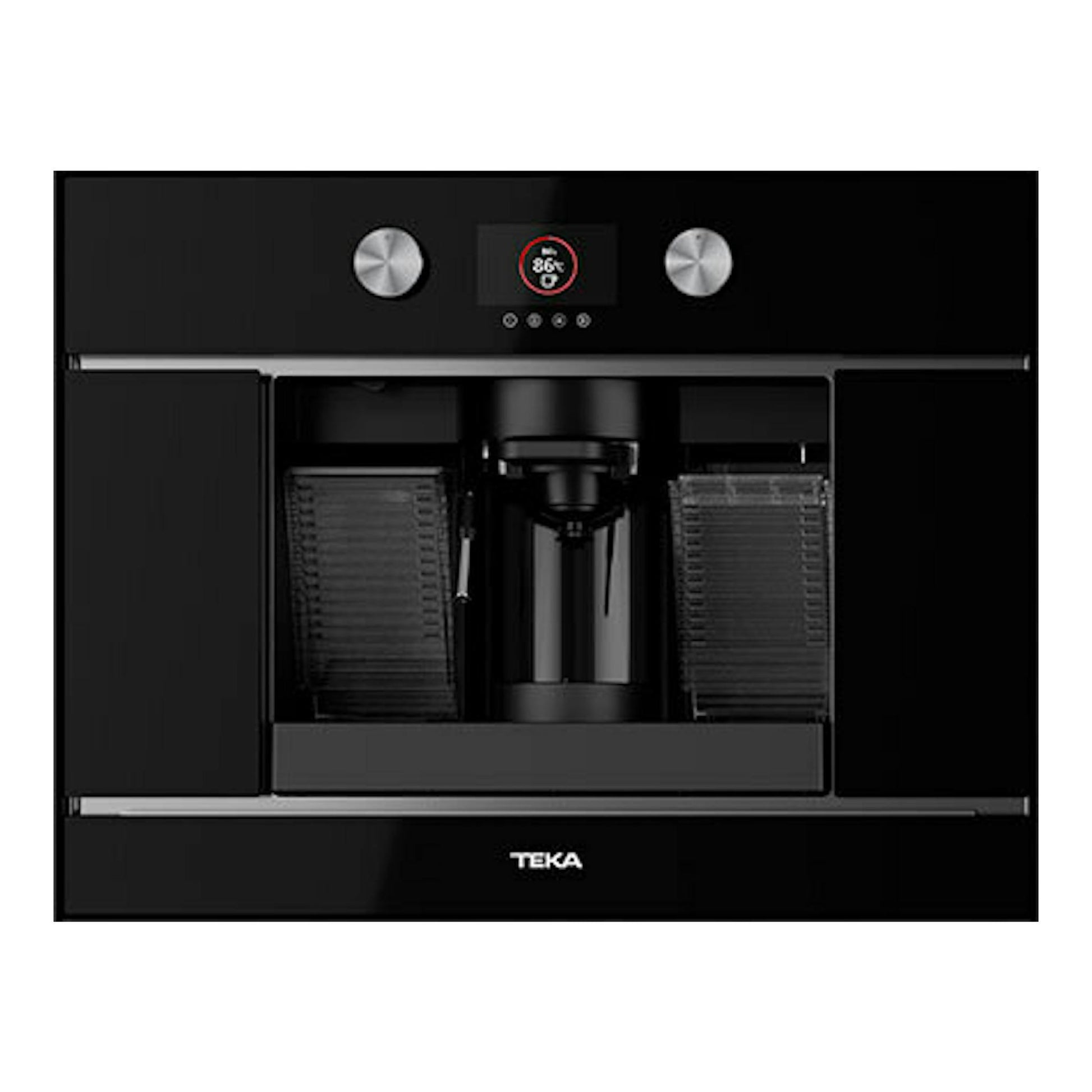 Cafetera integrable Teka CLC8350MC en cristal negro, vista frontal, con pantalla y dos mandos plateados.