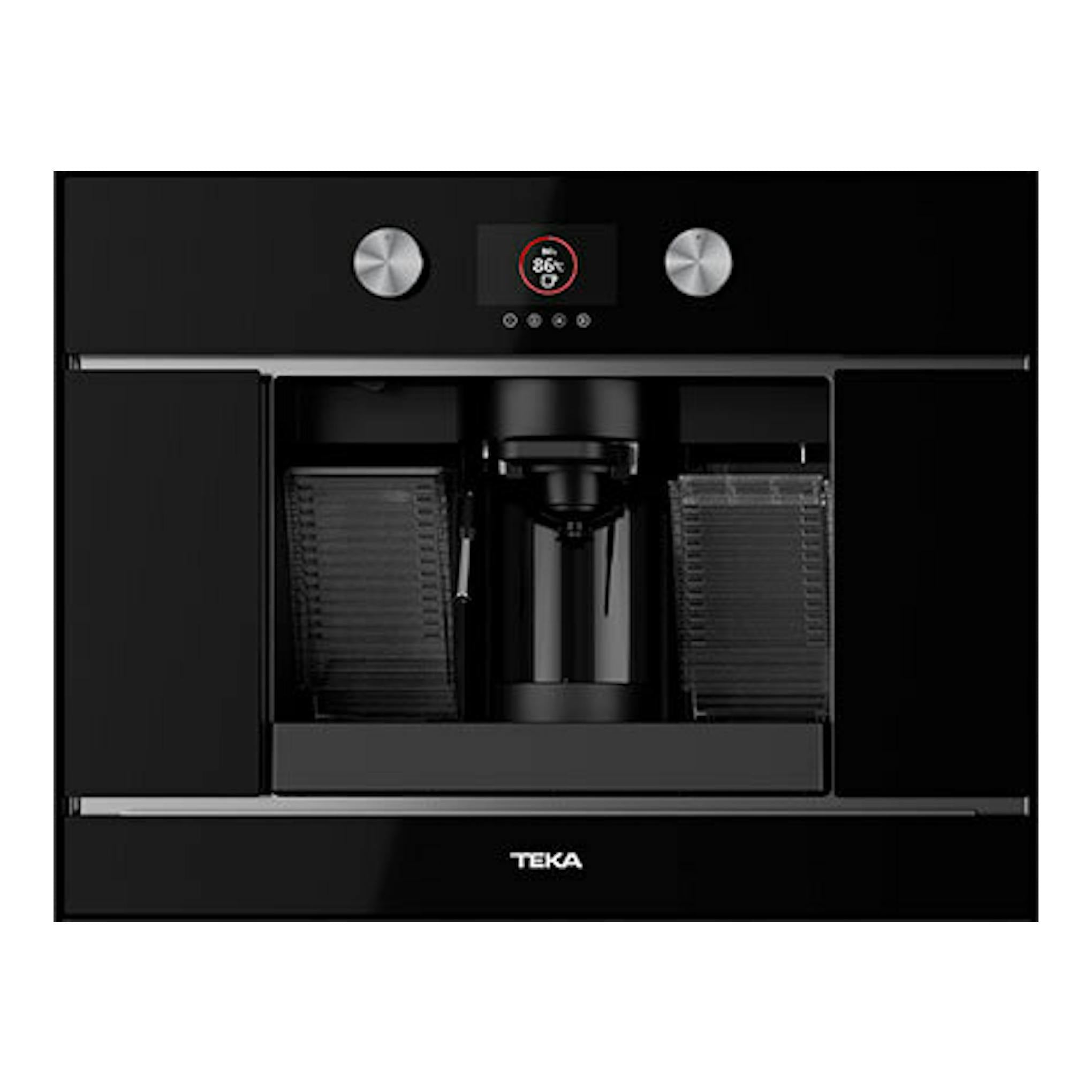 Cafetera integrable Teka CLC8350MC en cristal negro, vista frontal, con pantalla y dos mandos plateados.