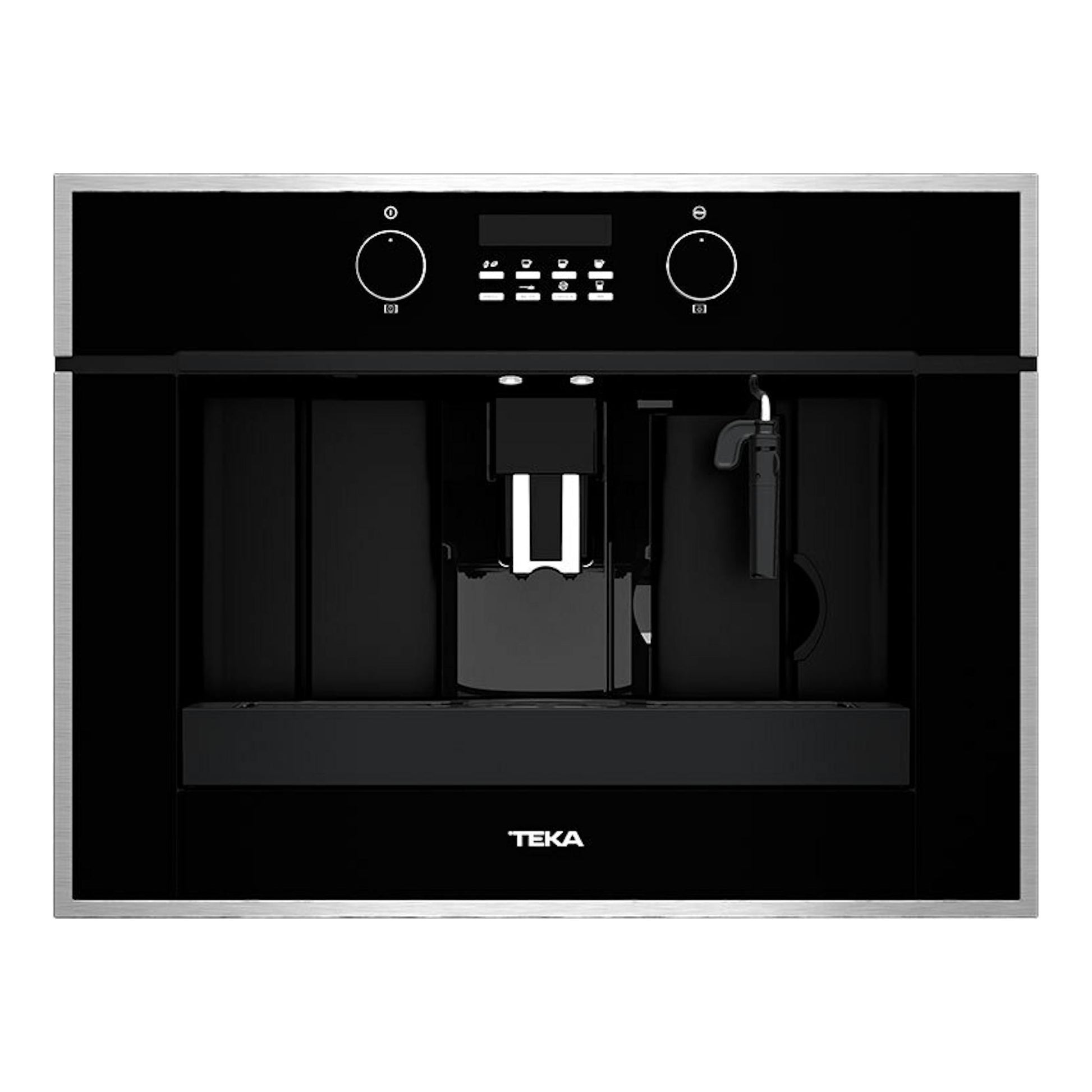Cafetera integrable Teka CLC855GM de cristal negro, vista frontal, con panel táctil y dispensador central.