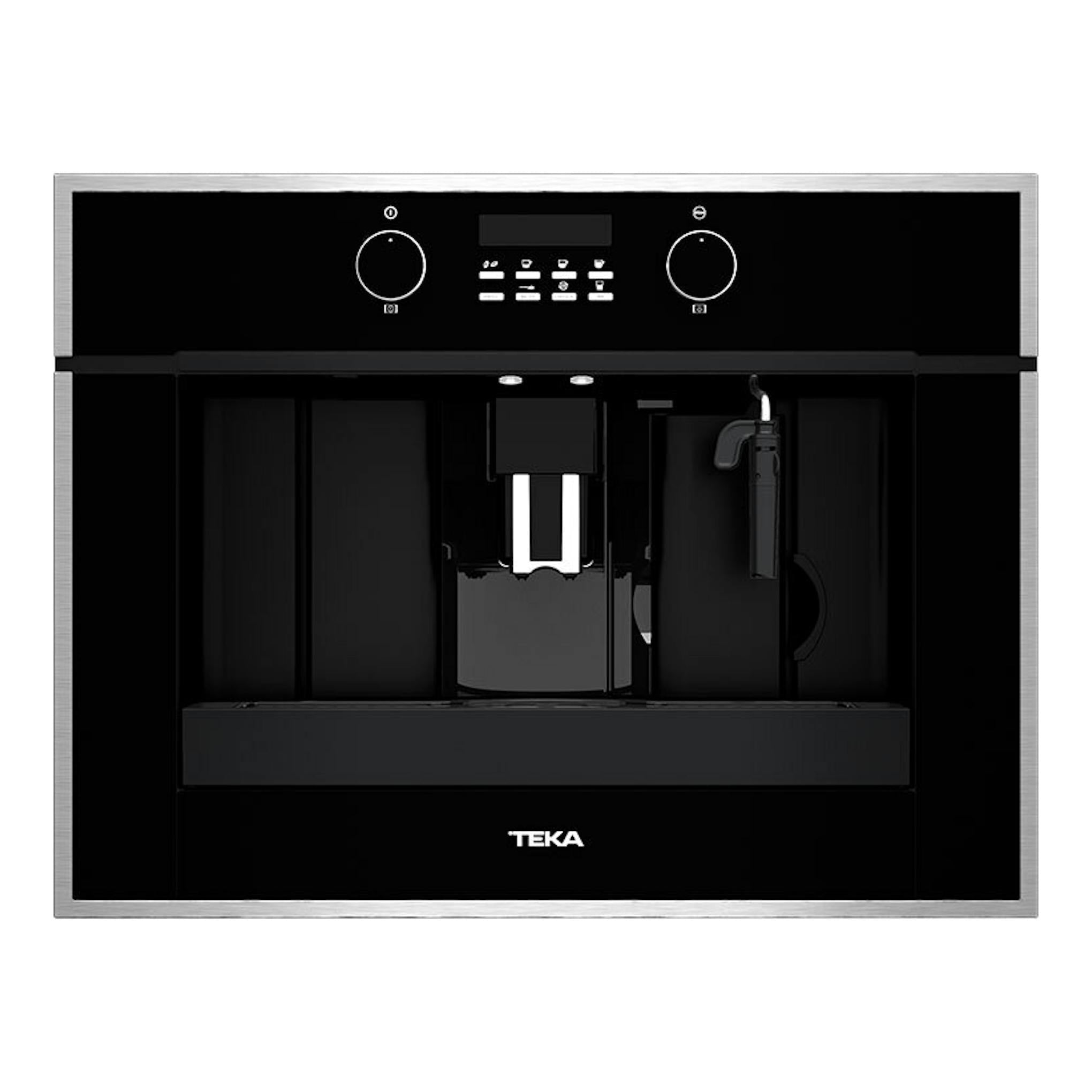 Cafetera integrable Teka CLC855GM de cristal negro, vista frontal, con panel táctil y dispensador central.