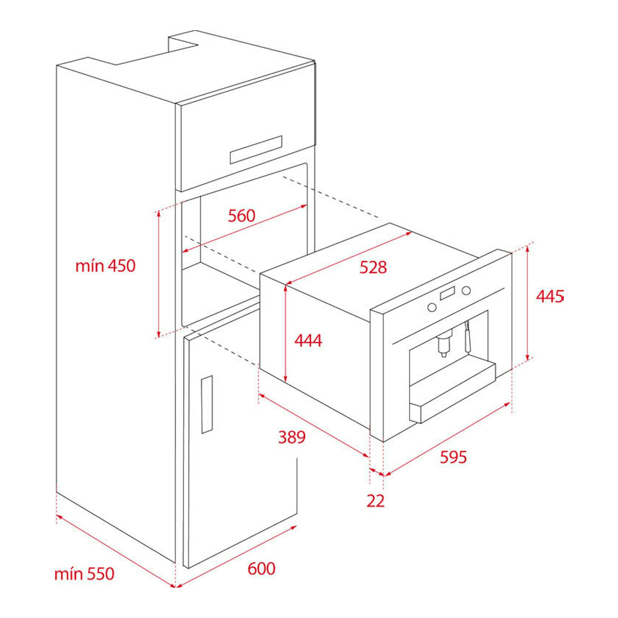 Diagrama de instalación de cafetera integrable Teka CLC855GM en cristal negro, vista frontal y lateral con medidas.