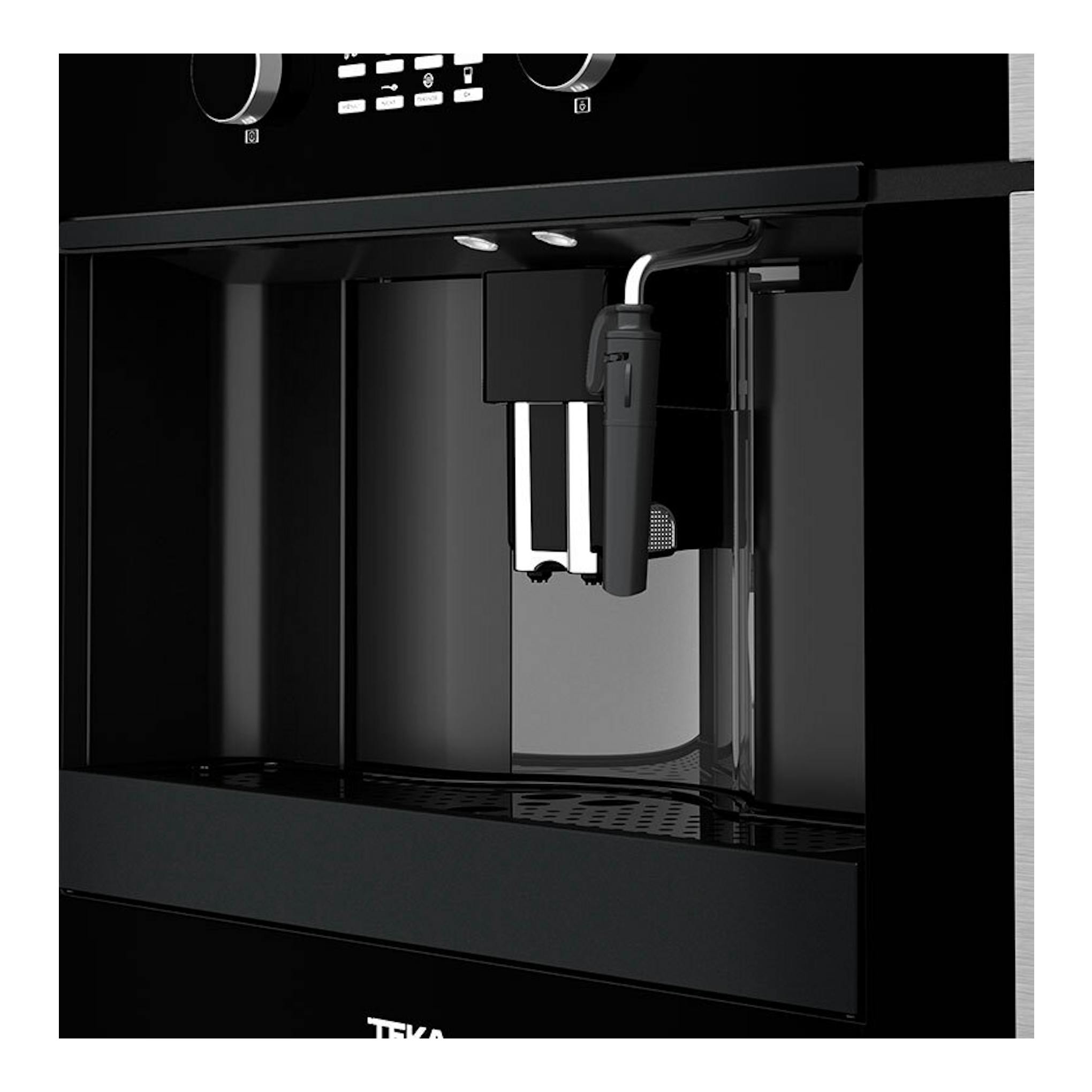 Cafetera integrable Teka CLC855GM en cristal negro, vista frontal de la zona de dispensado.