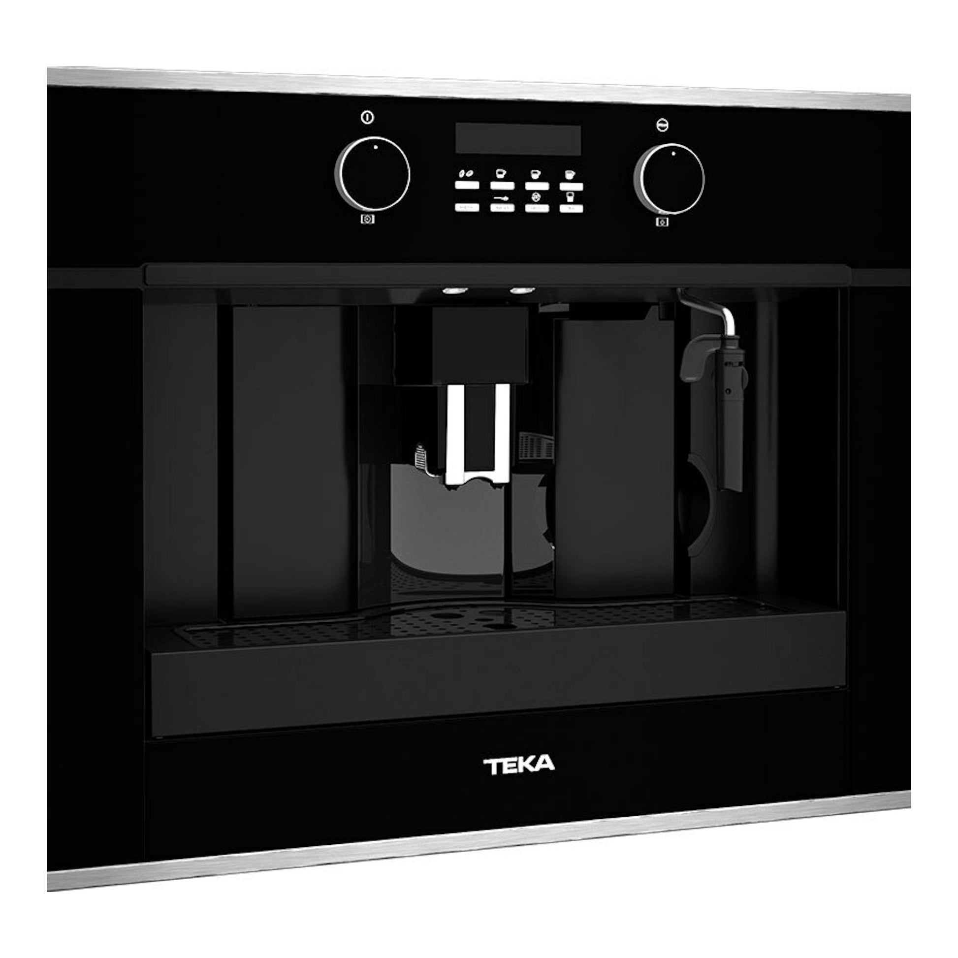 Cafetera integrable Teka CLC855GM en cristal negro, vista frontal, con panel digital y dispensador.