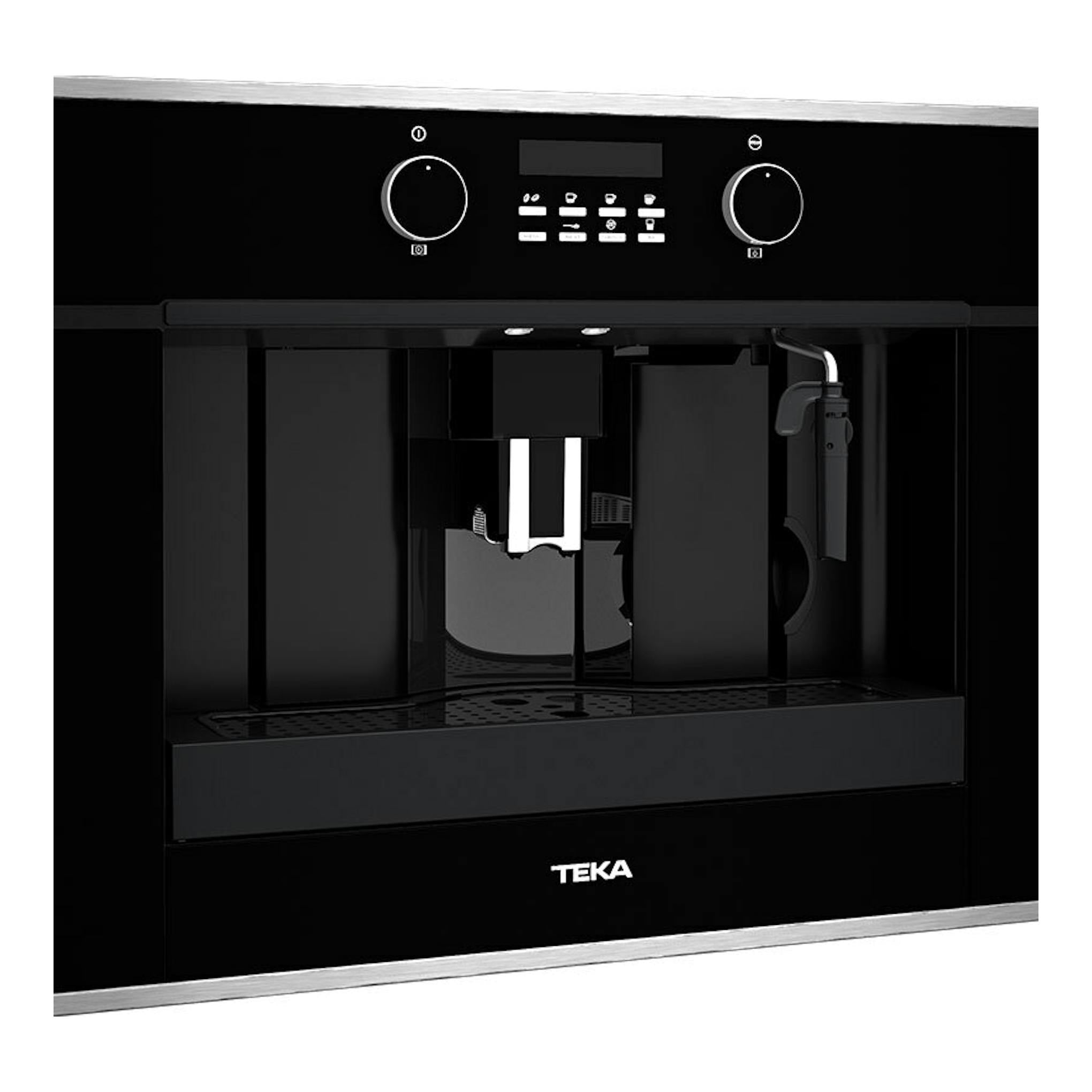Cafetera integrable Teka CLC855GM en cristal negro, vista frontal, con panel digital y dispensador.