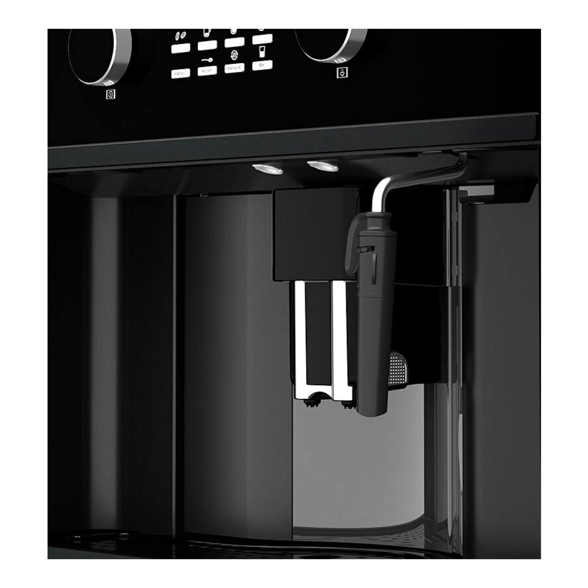 Cafetera integrable Teka CLC855GM en cristal negro, vista frontal parcial, con boquilla y panel de control.