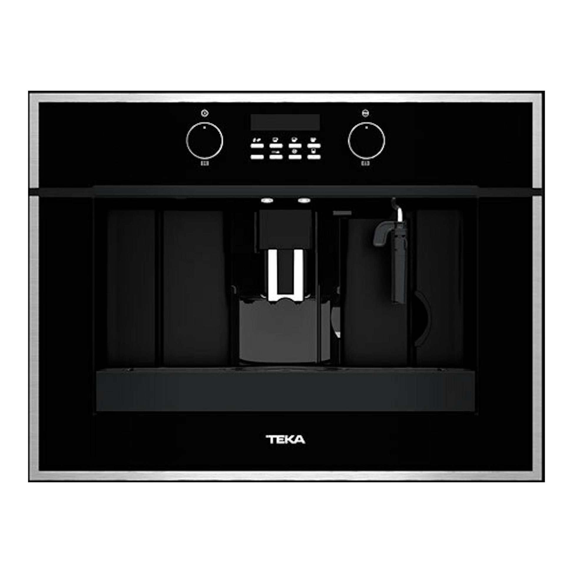 Cafetera integrable Teka CLC855GM en cristal negro, vista frontal con panel y dispensador.