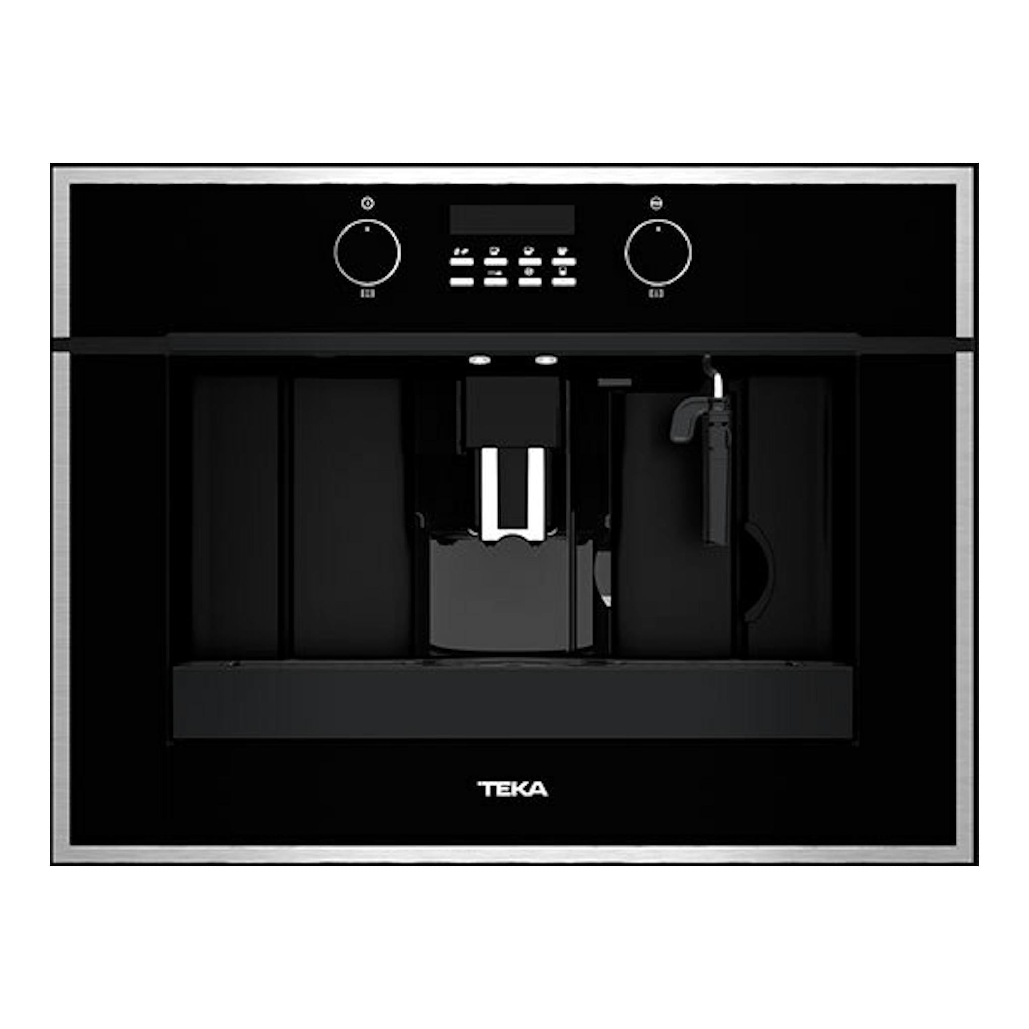 Cafetera integrable Teka CLC855GM en cristal negro, vista frontal con panel y dispensador.