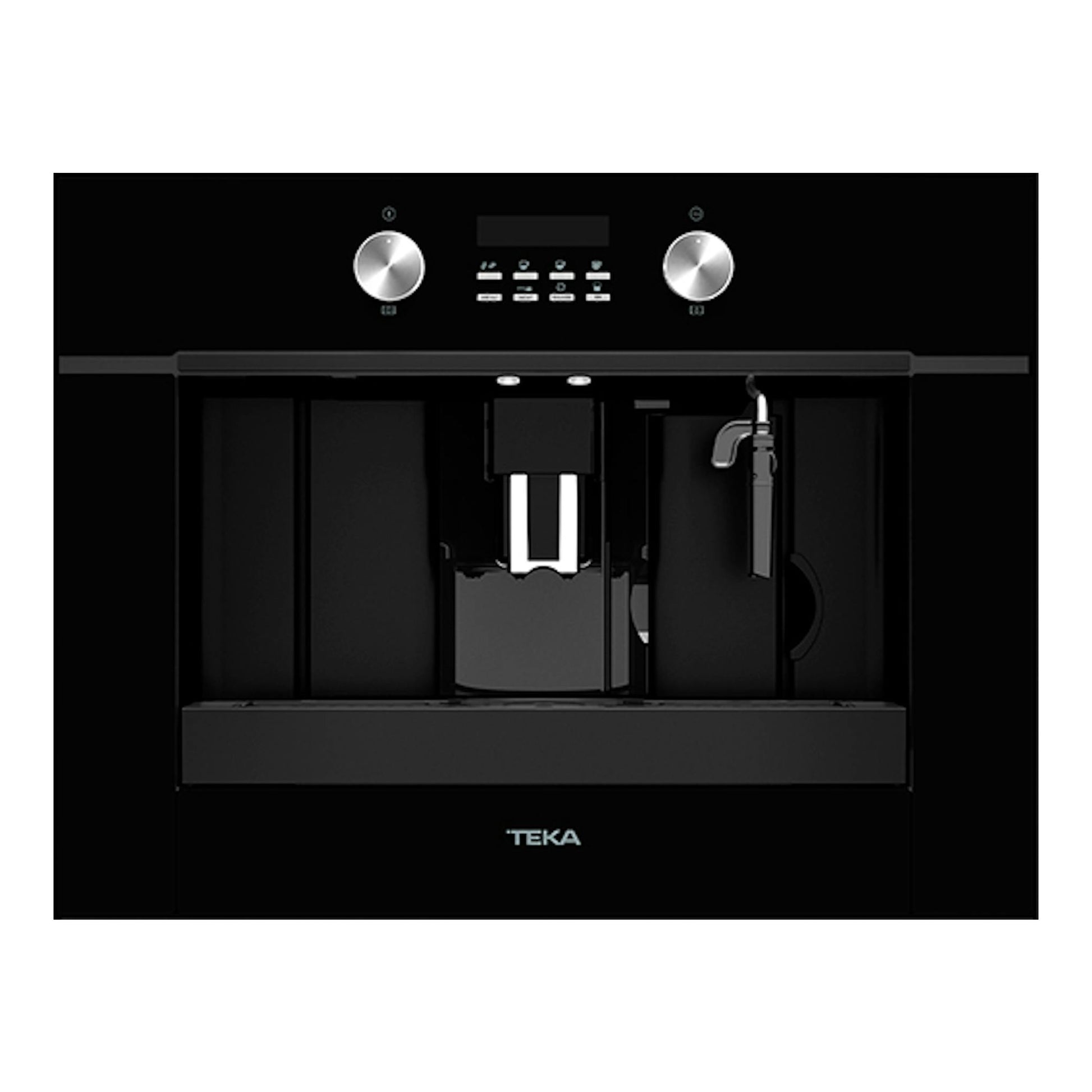 Cafetera integrable Teka CLC855GM de cristal negro, vista frontal, con panel y boquilla central.