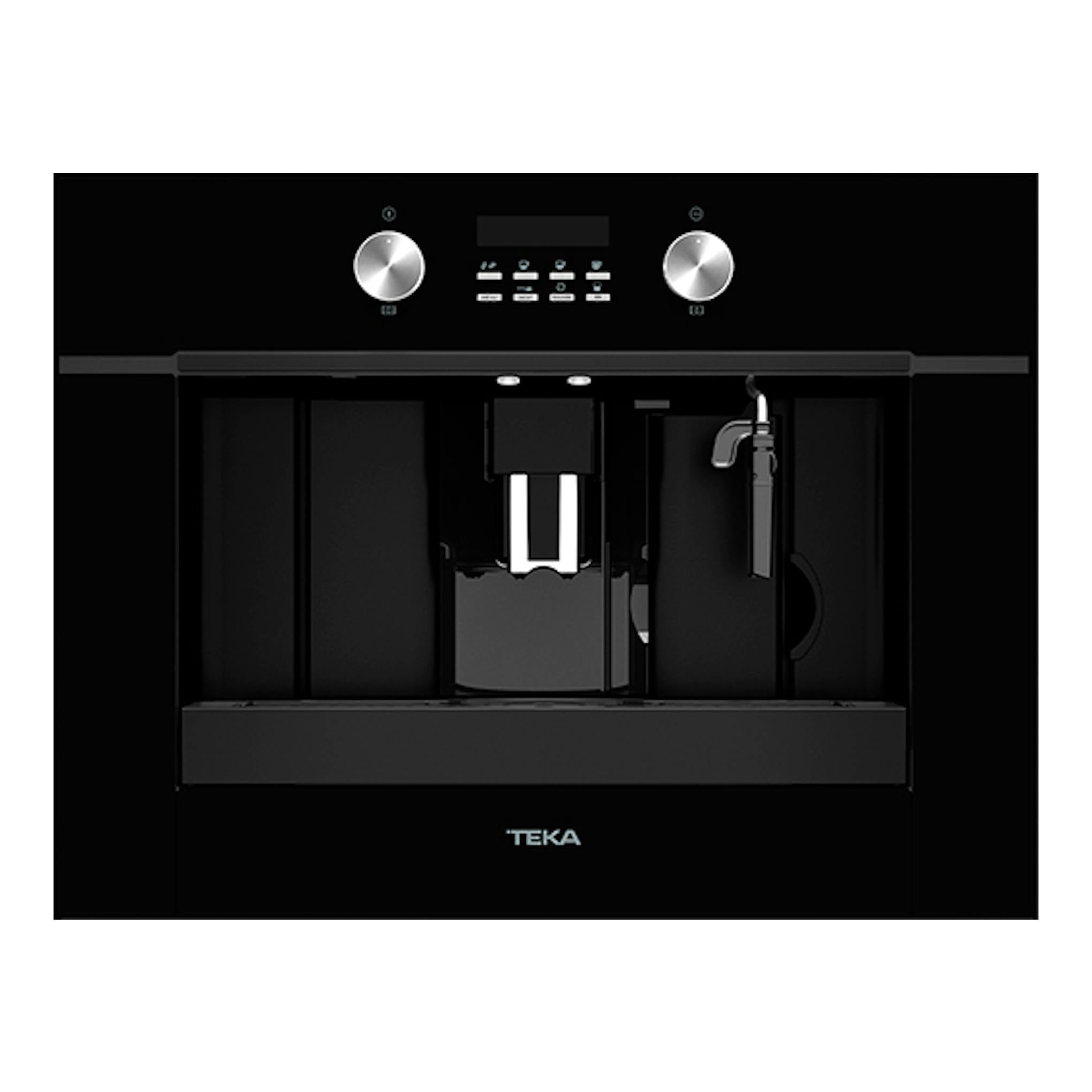 Cafetera integrable Teka CLC855GM de cristal negro, vista frontal, con panel y boquilla central.