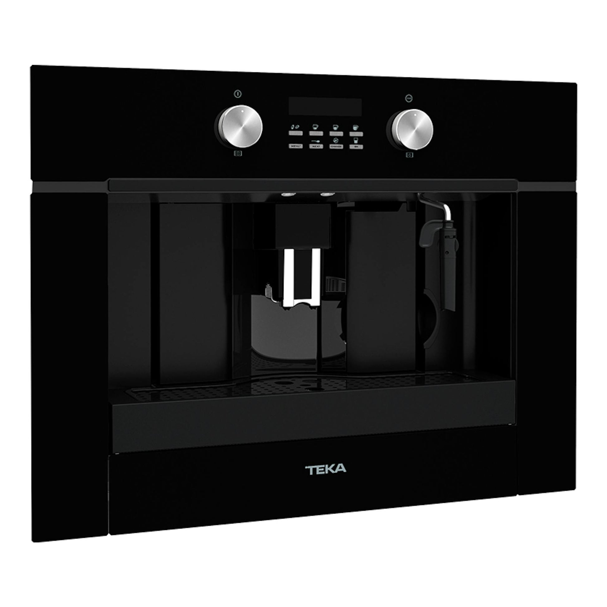 Cafetera integrable Teka CLC855GM en cristal negro, vista frontal, con mandos plateados y pantalla central.