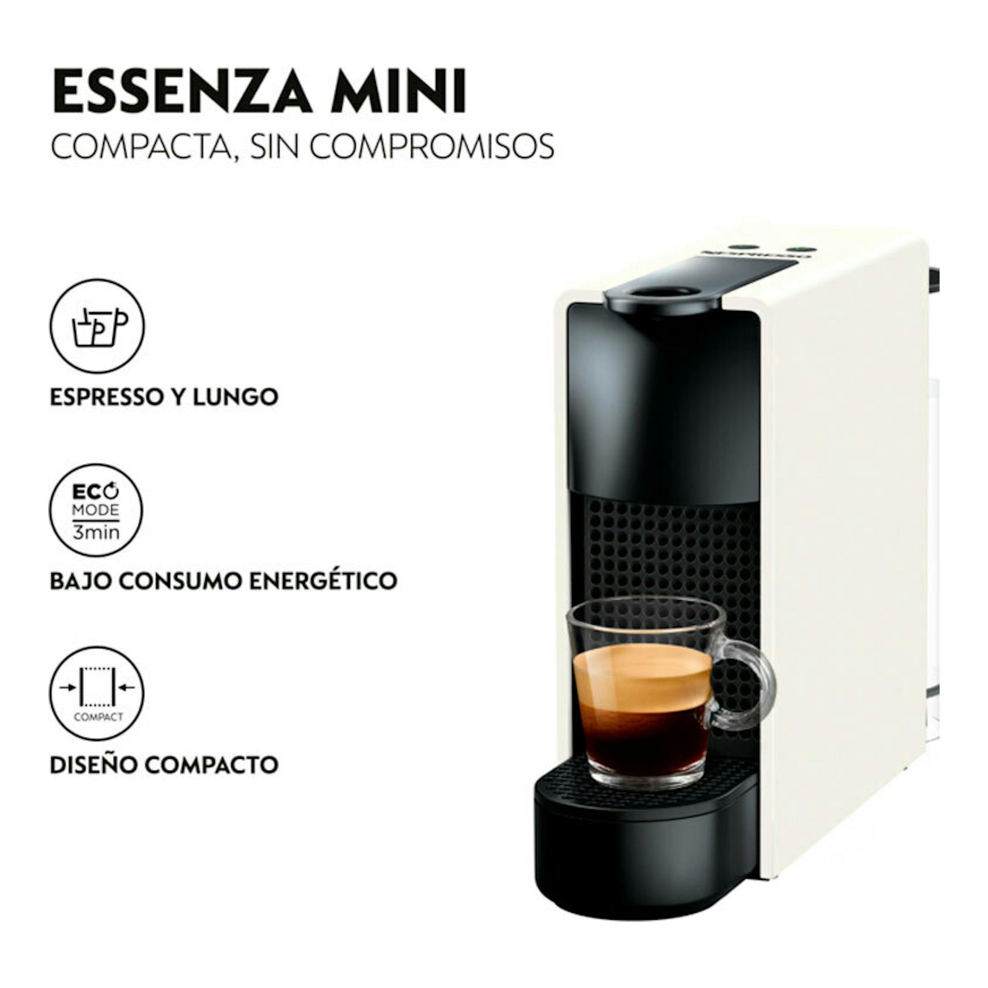 Cafetera Nespresso Krups Essenza Mini XN1101RD blanca y negra, vista frontal con una taza de espresso.