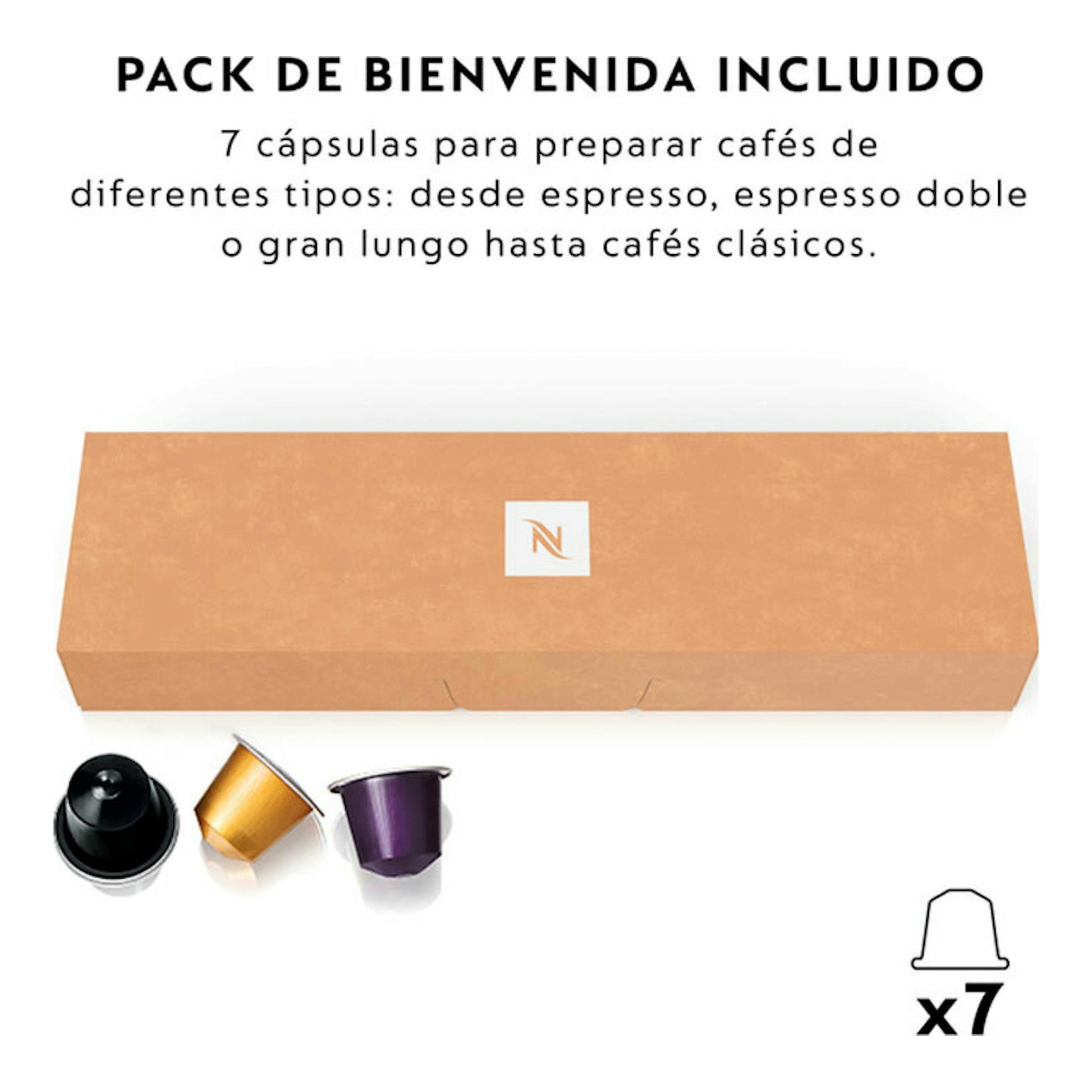 Caja Nespresso de bienvenida con 7 cápsulas, caja beige y tres cápsulas visibles, vista frontal sobre fondo blanco.