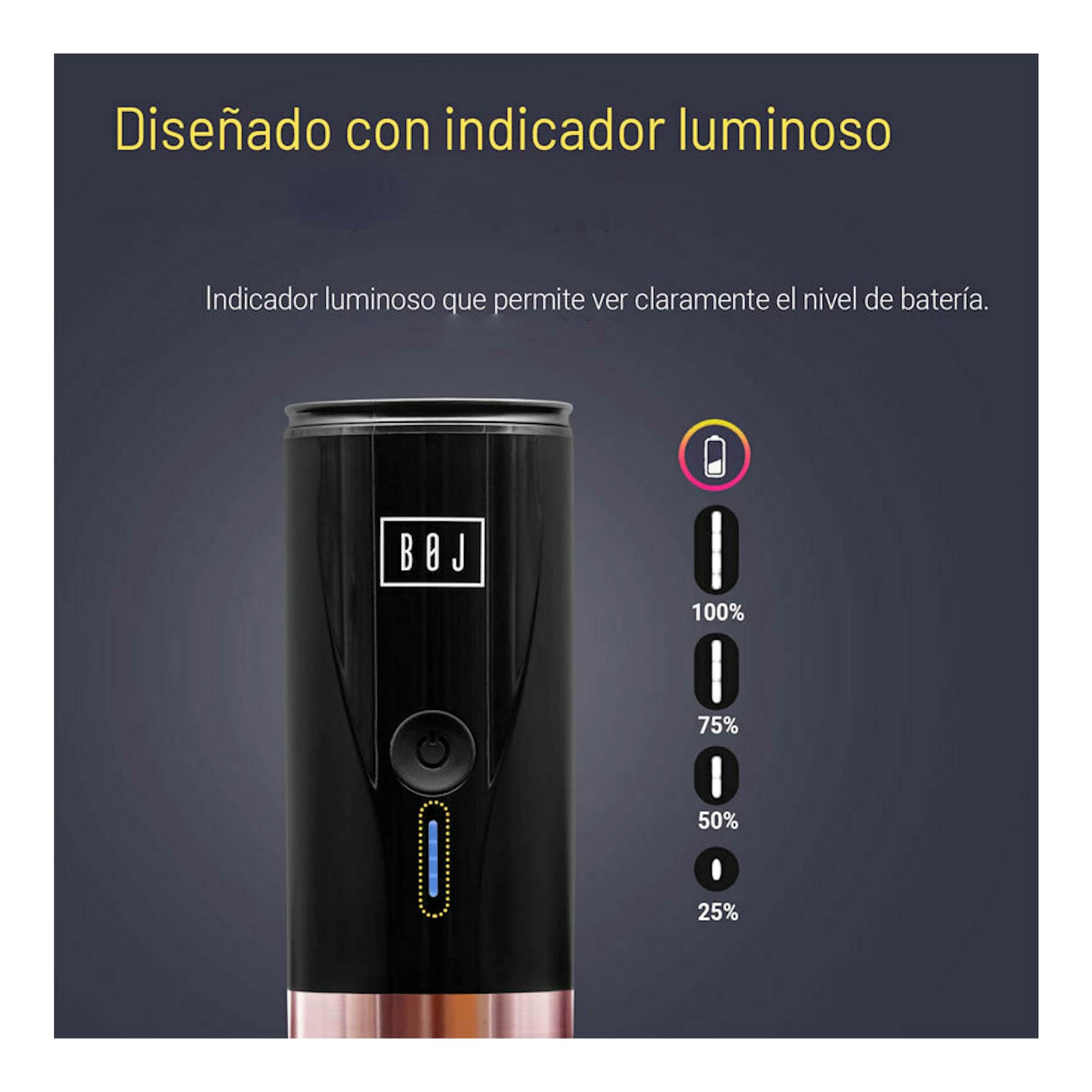 Cafetera portátil BOJ Giro negra, vista frontal, con indicador luminoso de batería sobre fondo gris.