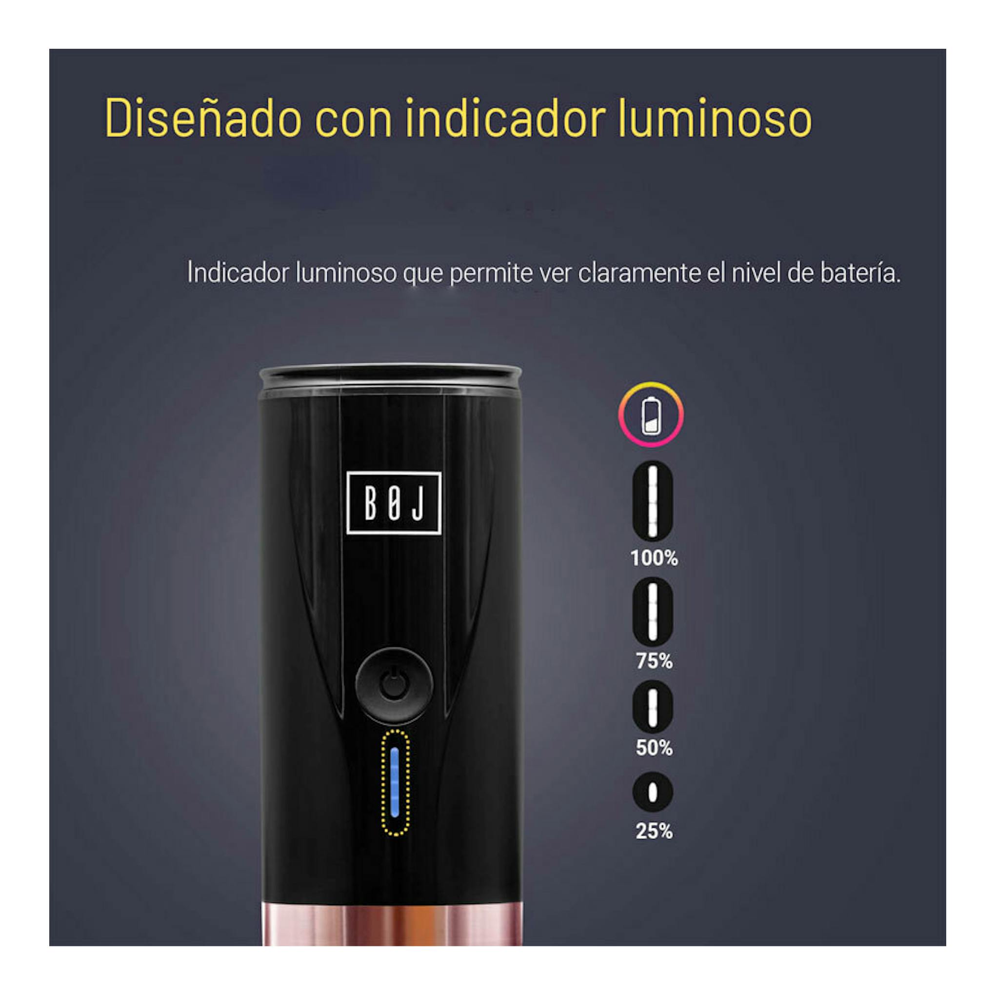 Cafetera portátil BOJ Giro negra, vista frontal, con indicador luminoso de batería sobre fondo gris.