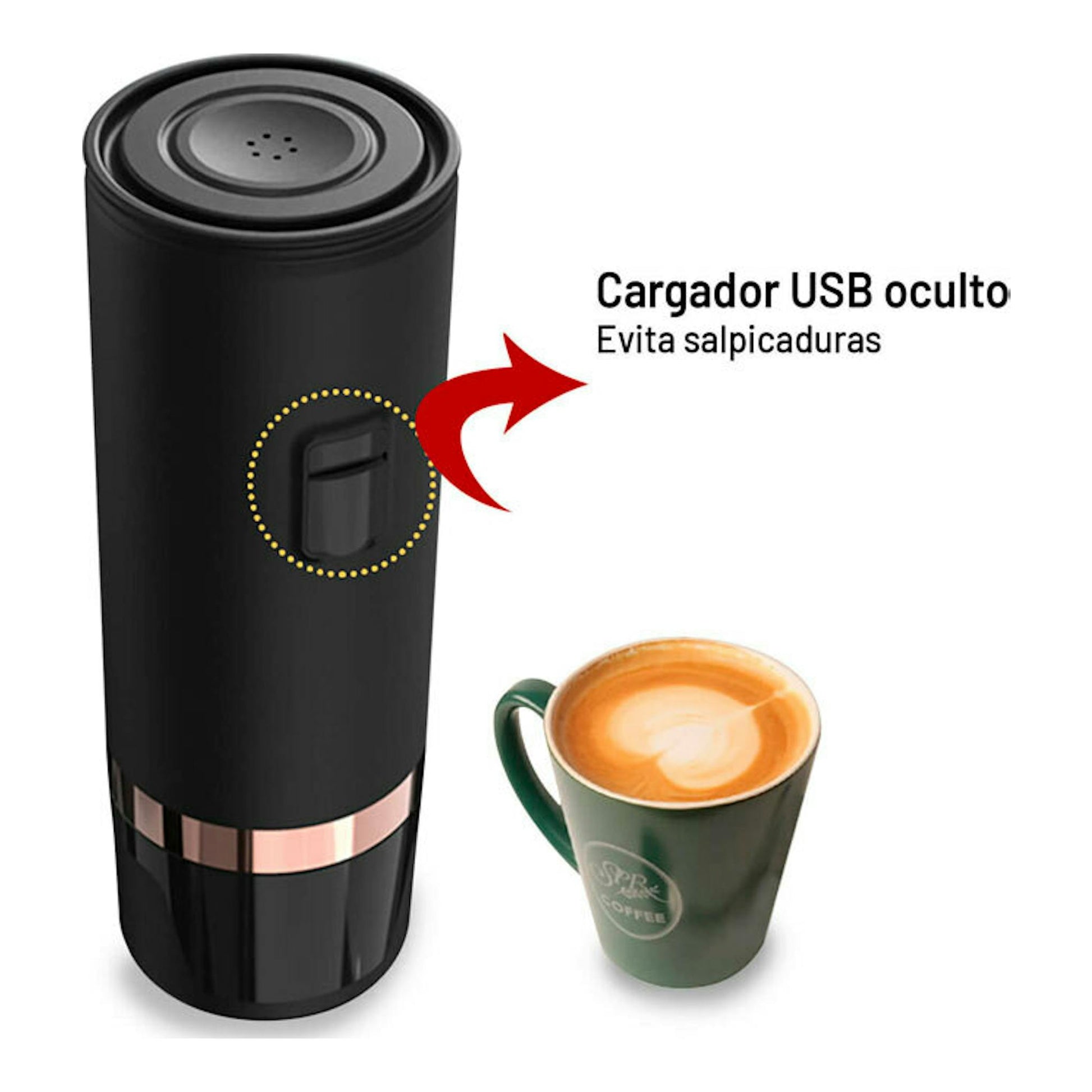 Cafetera portátil Boj Giro negra, vista frontal, con cargador USB oculto y taza de café.