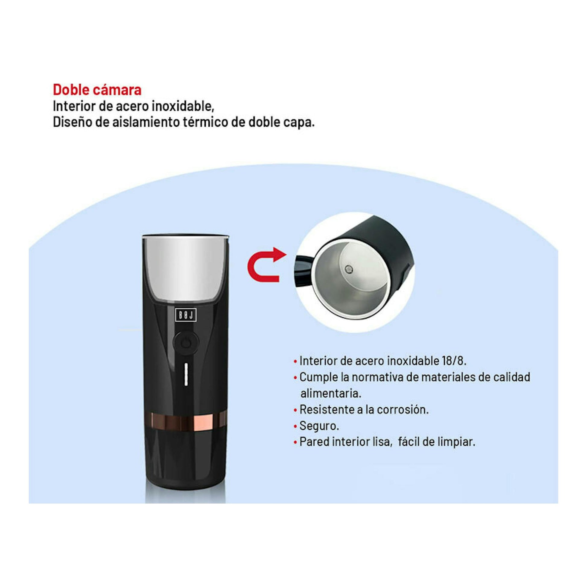 Cafetera portátil BOJ Giro negra, vista frontal, con doble cámara e interior de acero inoxidable.