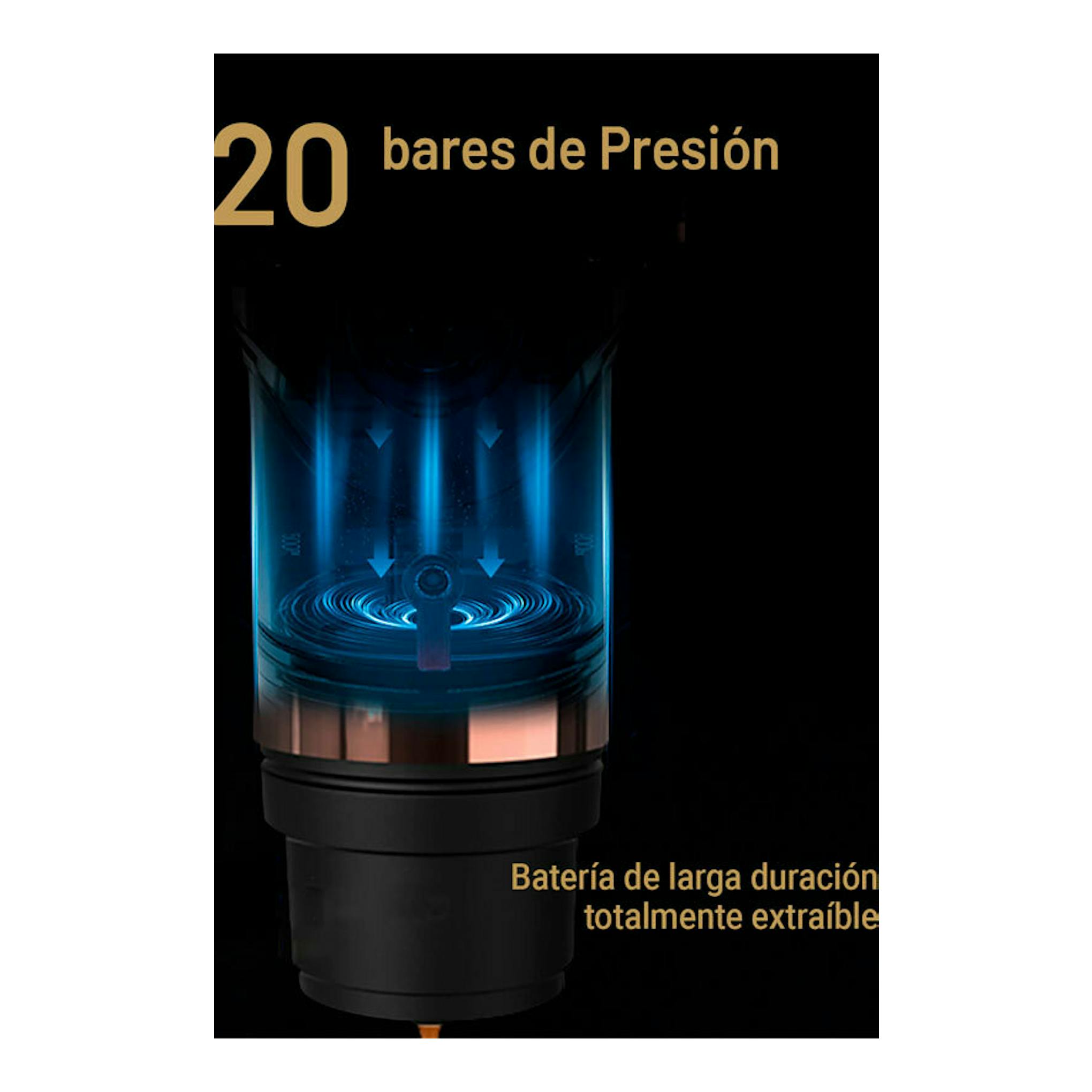 Cafetera portátil BOJ Giro negra, vista frontal, con depósito transparente e interior azul iluminado.