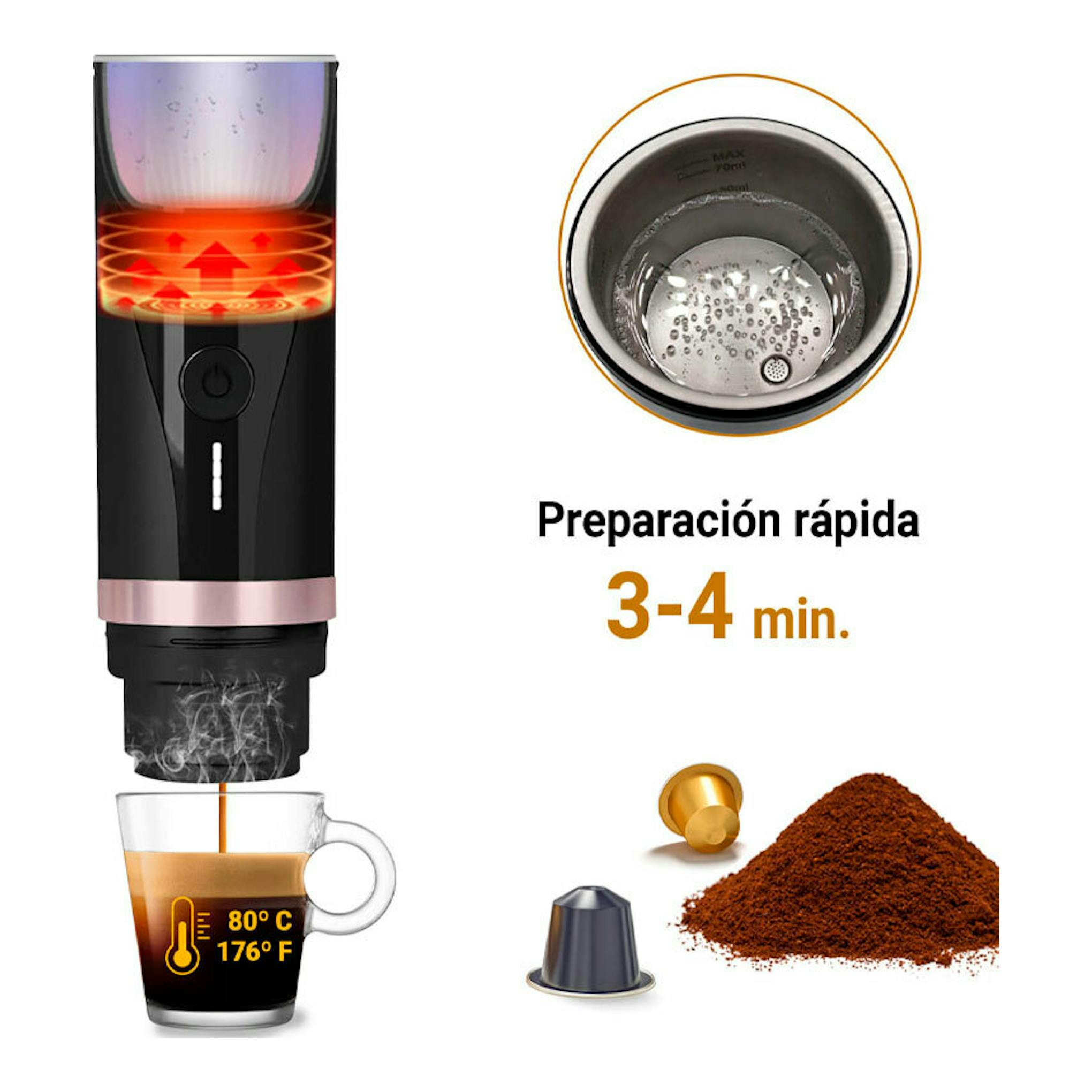 Cafetera portátil Boj Giro negra en vista frontal, con café sirviéndose y texto de preparación rápida 3-4 min.