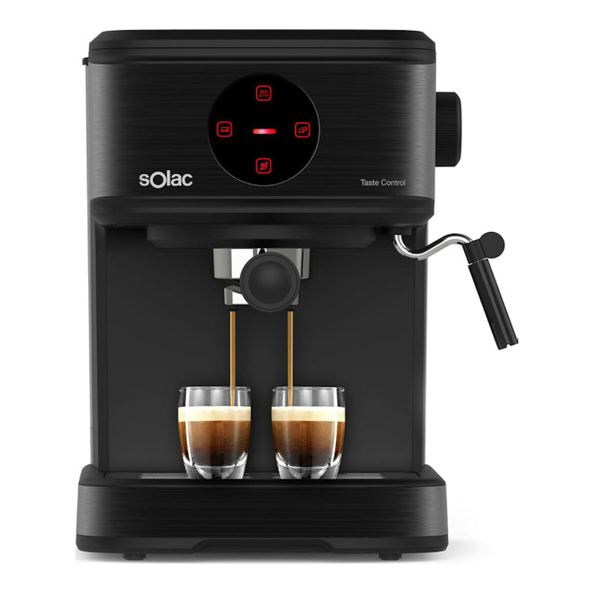 Cafetera espresso Solac Taste Control negra, vista frontal, sirviendo dos espressos en vasos de cristal.