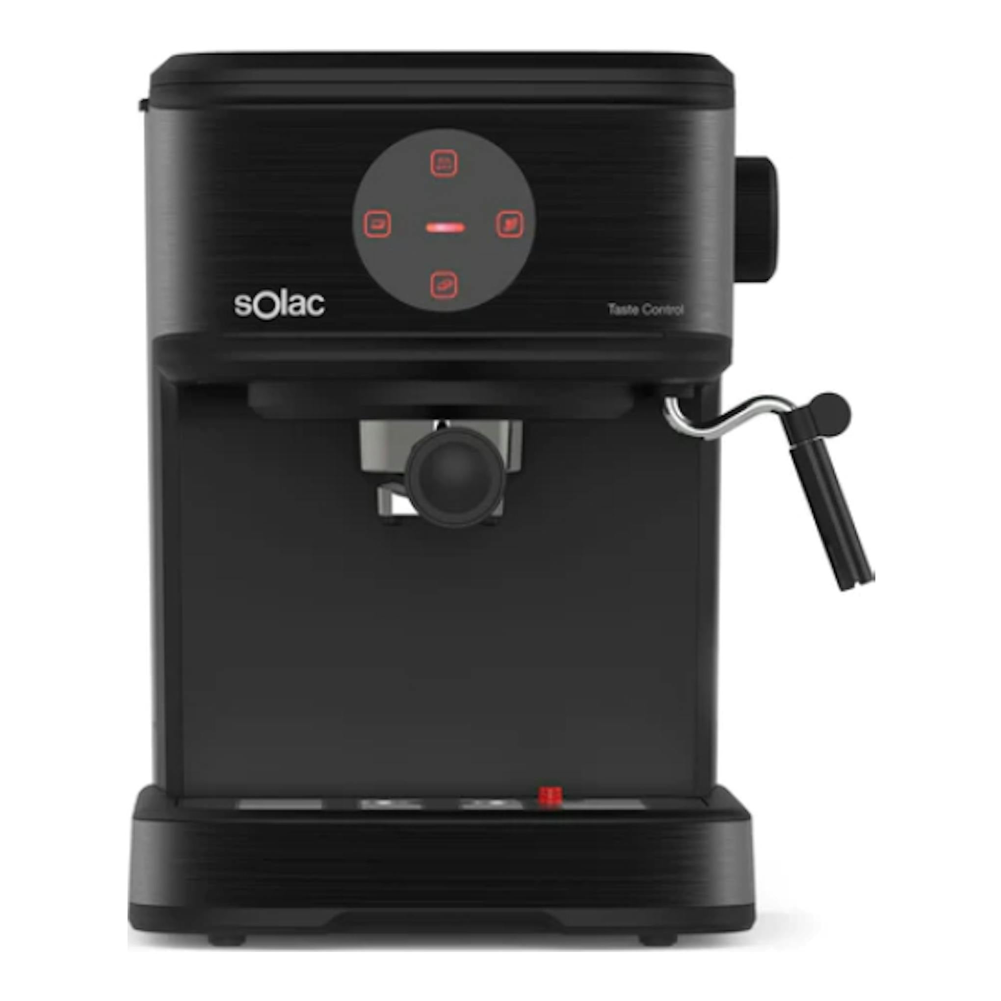 Cafetera espresso Solac Taste Control negra, vista frontal, con vaporizador lateral.