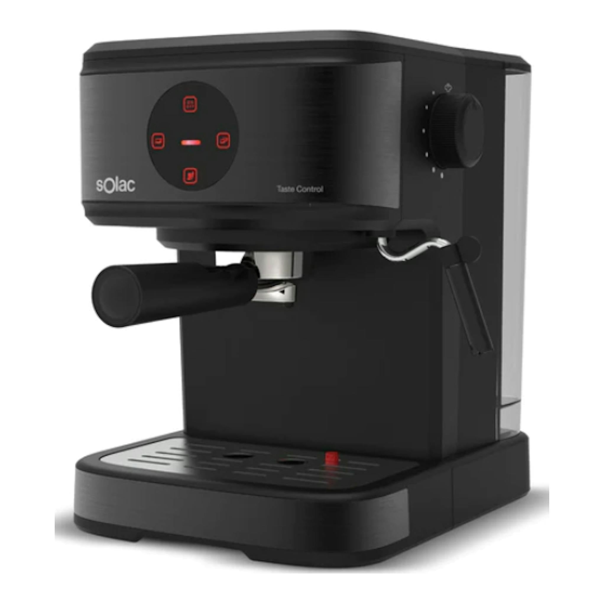 Cafetera espresso Solac Taste Control negra, vista frontal-lateral, con portafiltros y panel de control iluminado.