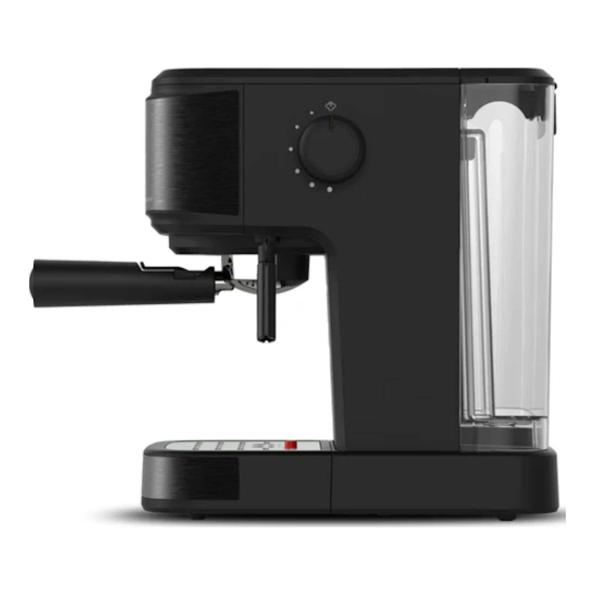 Cafetera espresso Solac Taste Control negra, vista lateral, con depósito de agua transparente y portafiltro.