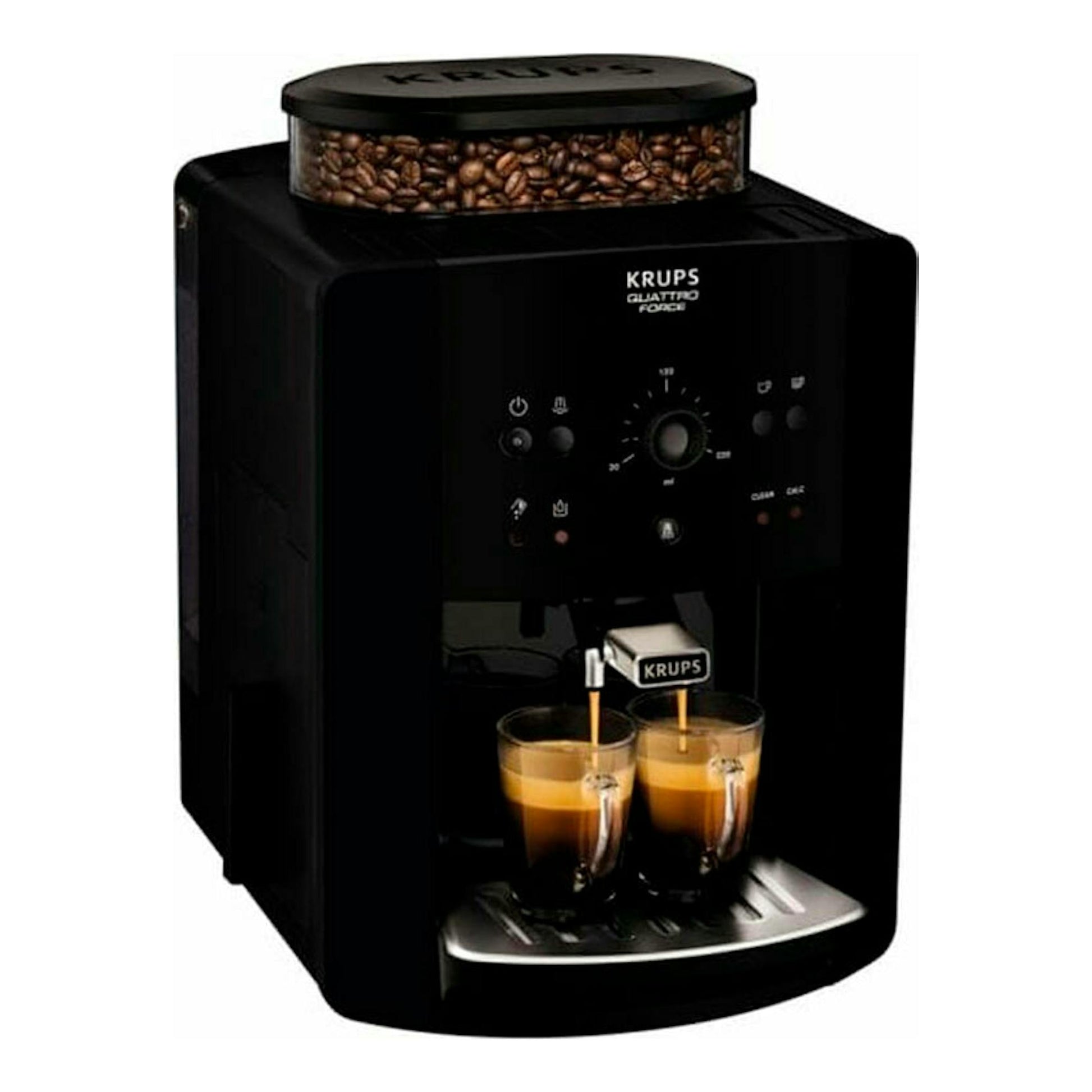 Cafetera superautomática Krups EA811010 negra, vista frontal, con depósito de granos y dos tazas de café.