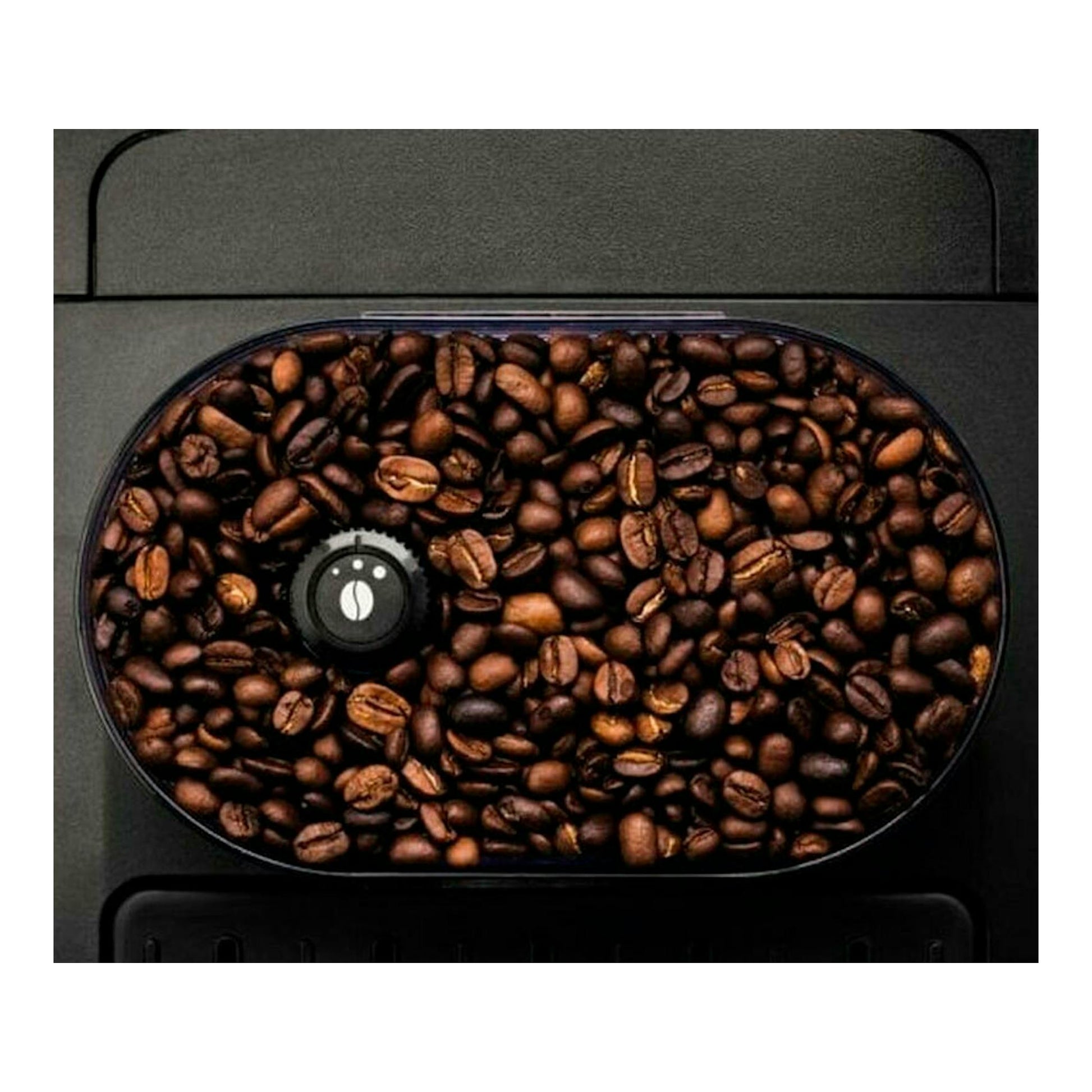 Krups EA811010, vista superior del depósito con granos de café y selector de molienda negro.