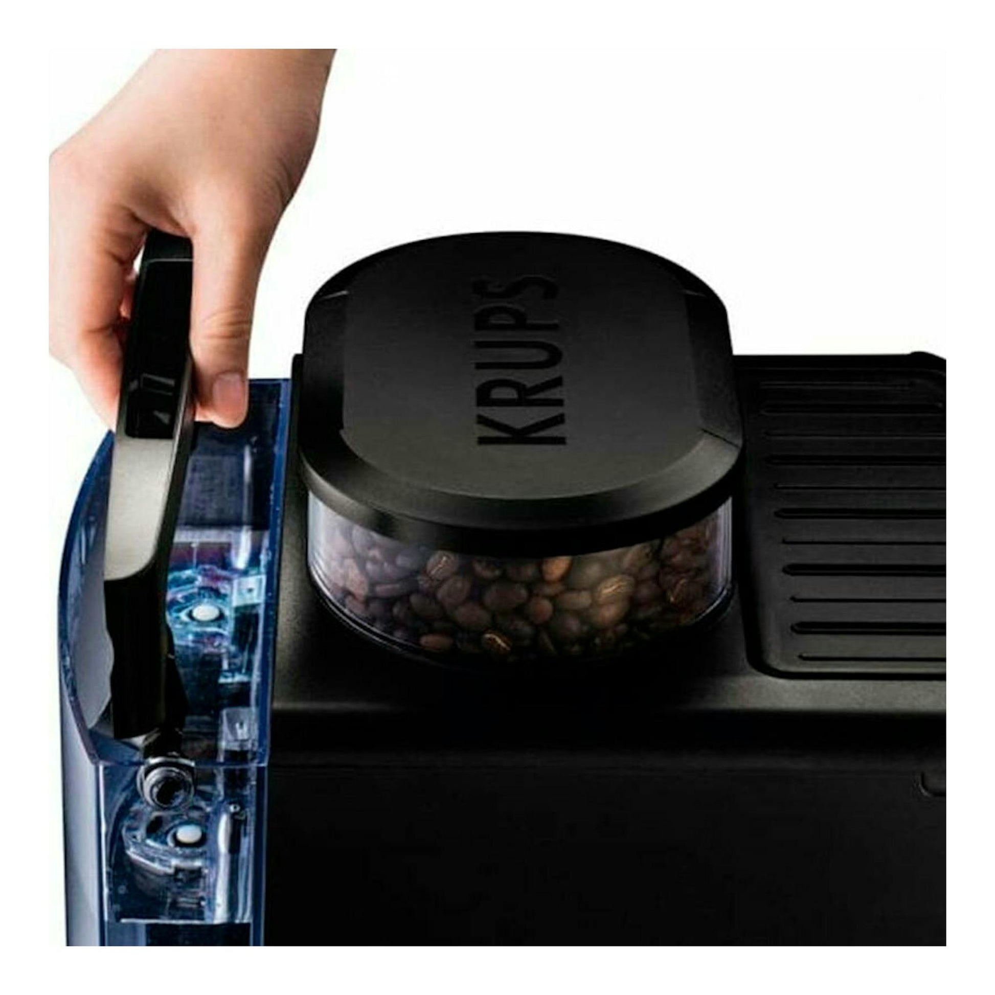 Cafetera automática Krups EA811010 negra, vista superior, con depósito de granos y mano abriendo el lateral.