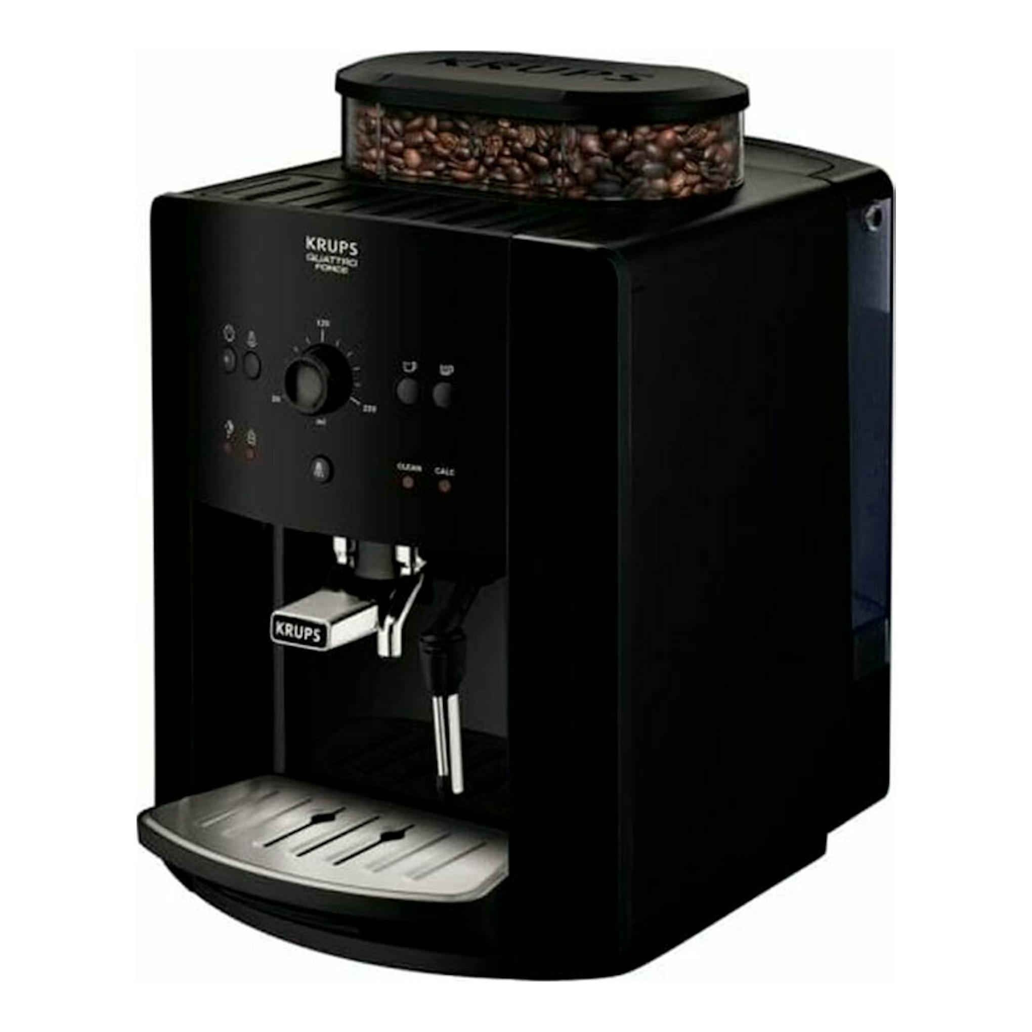 Krups EA811010, cafetera superautomática negra en vista frontal, con depósito de granos superior y bandeja plateada.