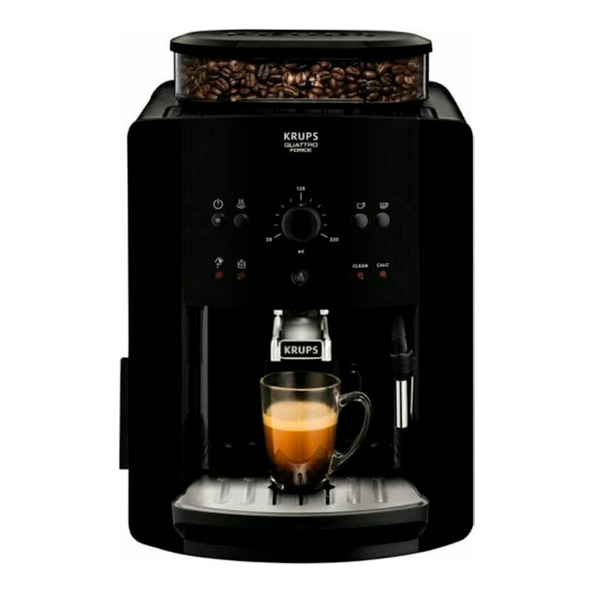 Cafetera súper automática Krups EA811010, negra, vista frontal, con taza de café bajo el dispensador.