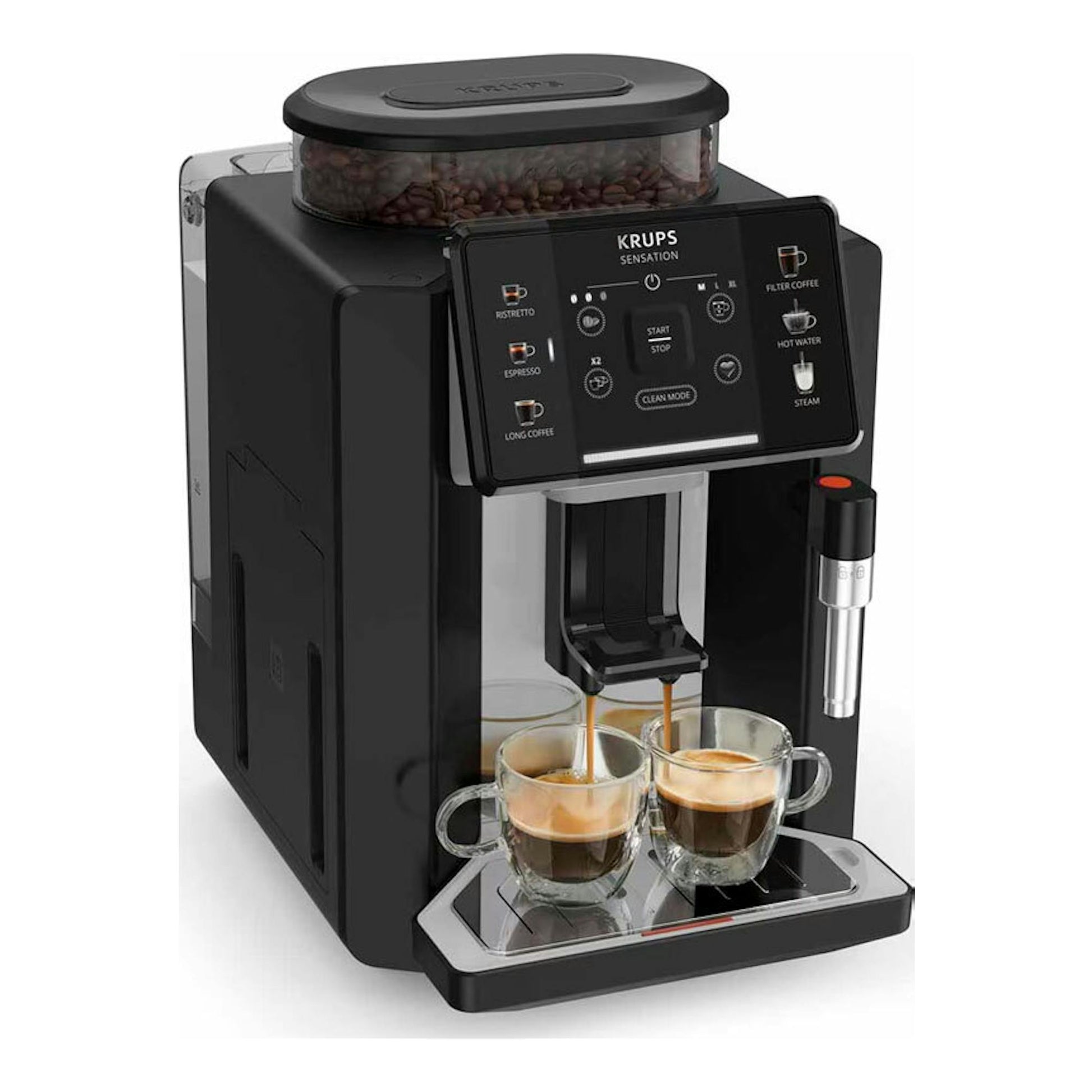Krups Sensation EA910A10, cafetera superautomática negra, vista frontal en tres cuartos, con dos tazas sirviendo café.